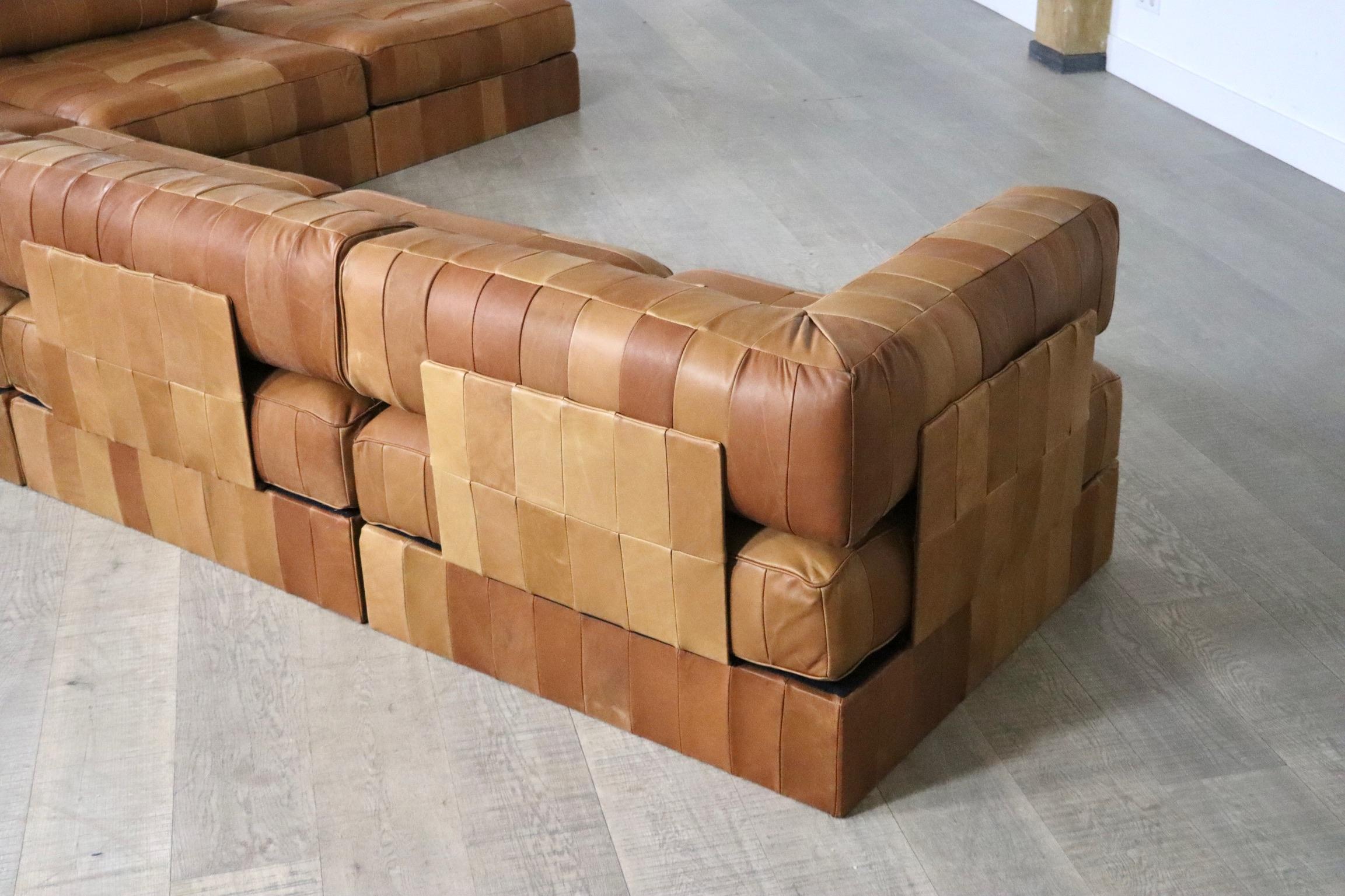 De Sede DS-88 Cognac Patchwork Leather Sofa, Switzerland, 1970s 7