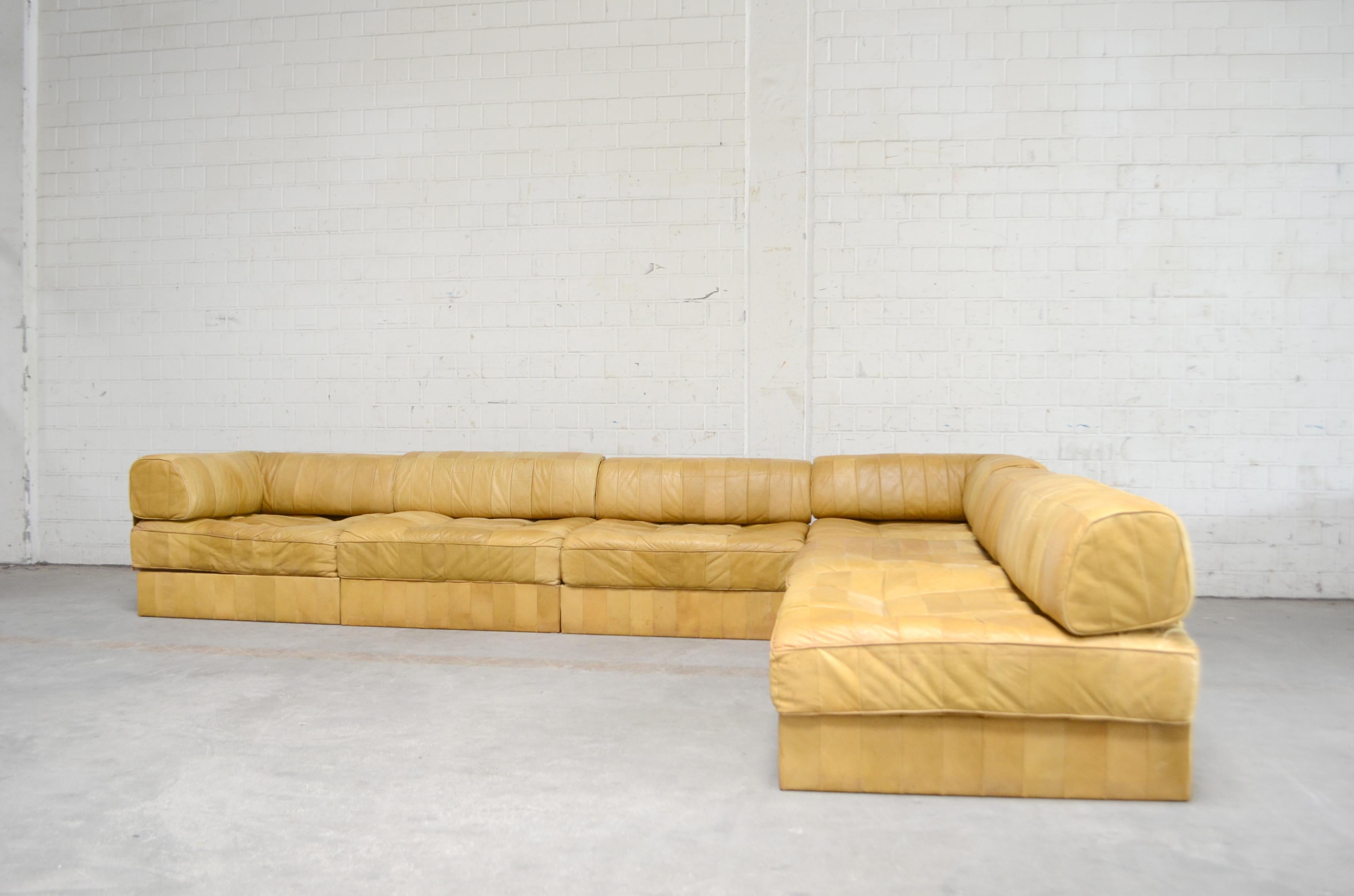 Mid-Century Modern De Sede DS 88 Modular Leather  Sofa yellow cognac patchwork