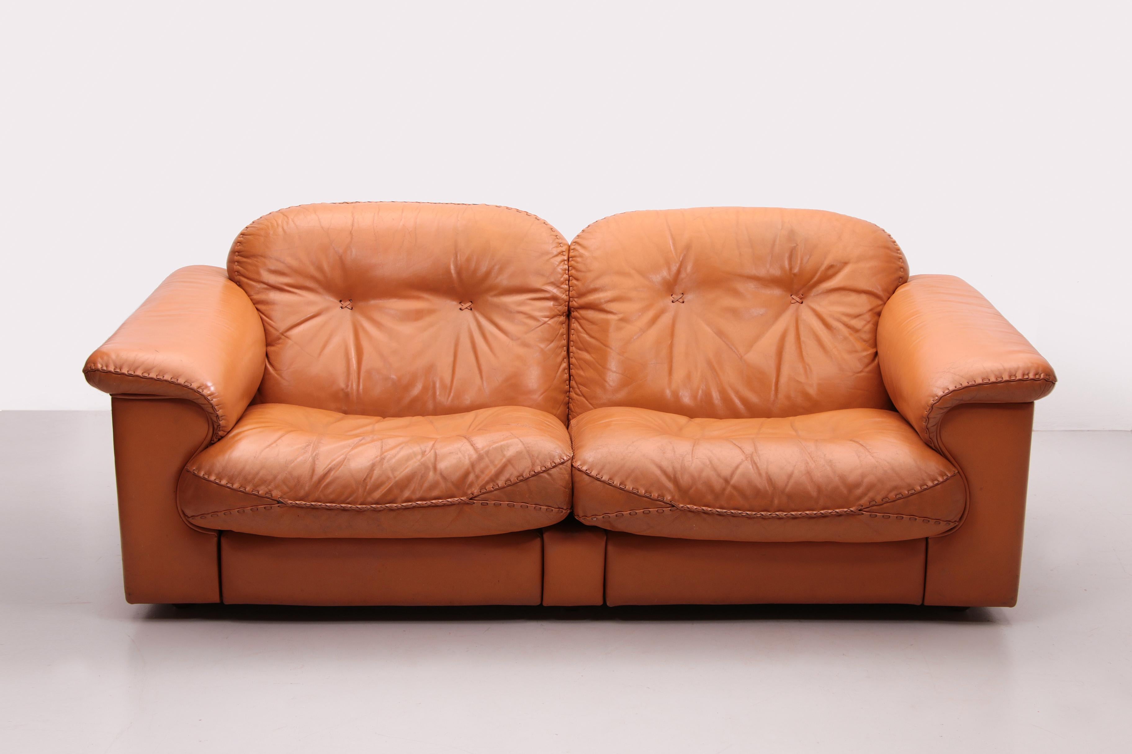 Swiss De Sede DS101 Two Seater Leather and Gognac Color, 1970 For Sale