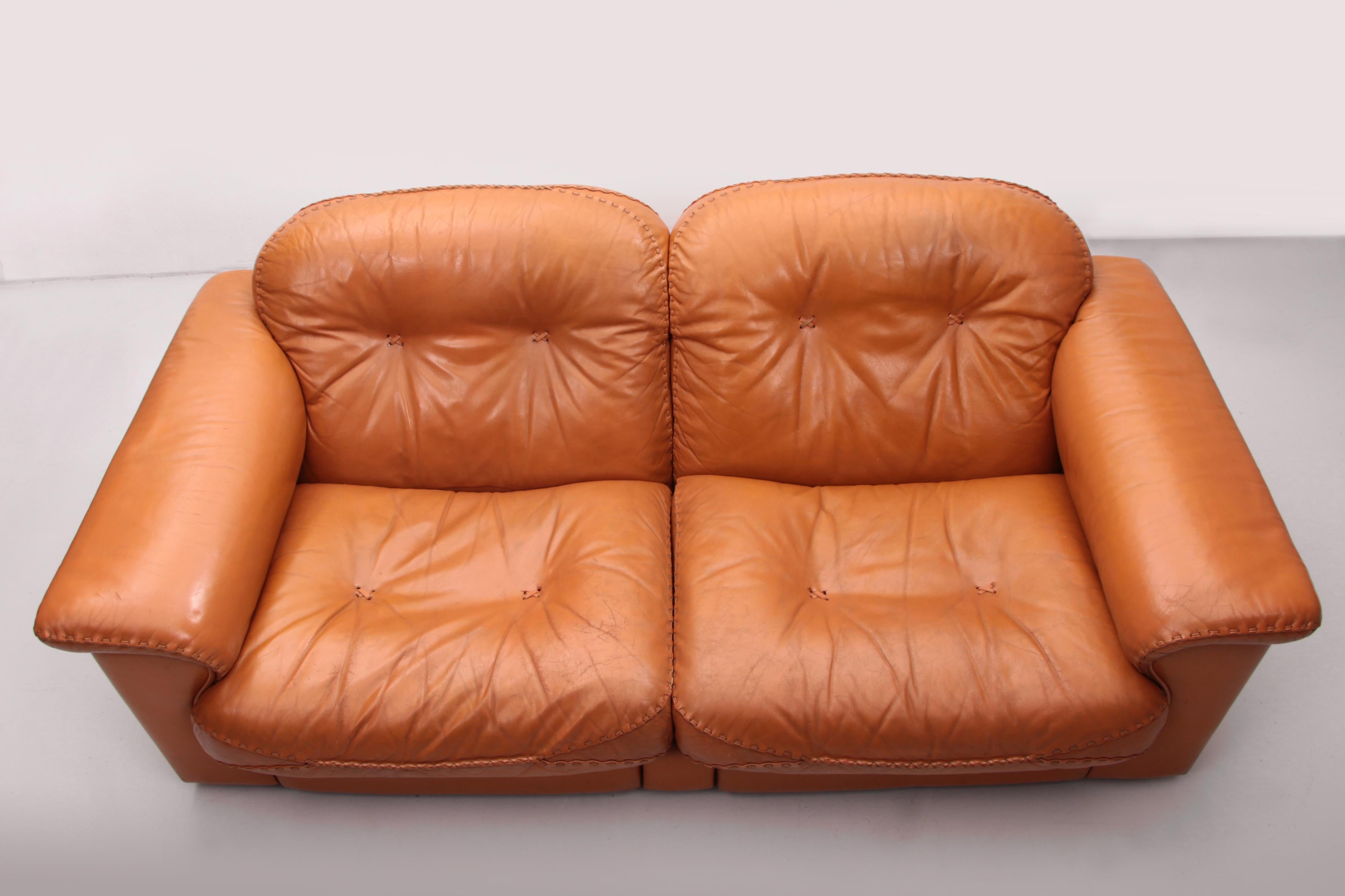 De Sede DS101 Two Seater Leather and Gognac Color, 1970 2