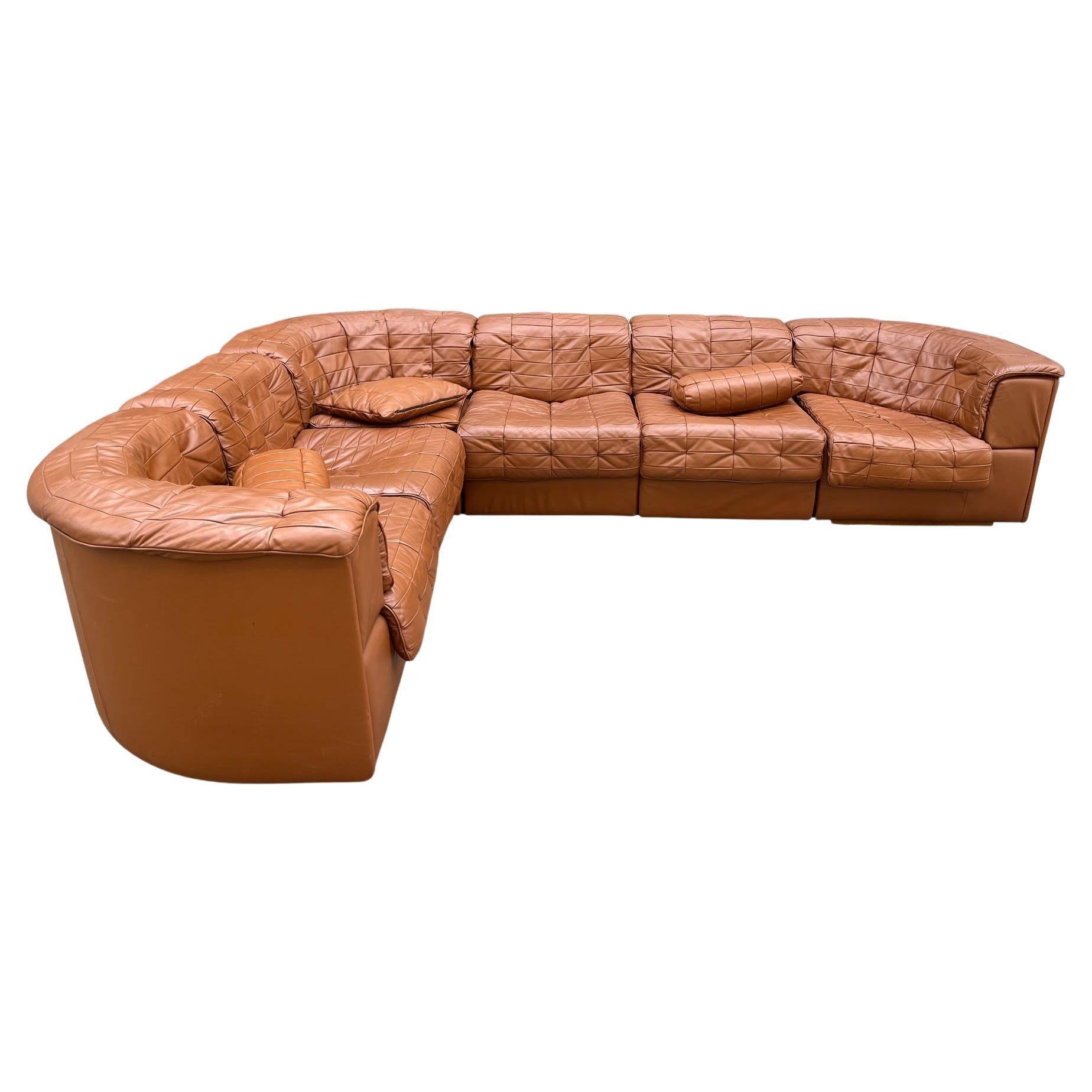 De Sede DS11 Cognac Patchwork Leather Modular Sofa, Switzerland, Ca. 1970s