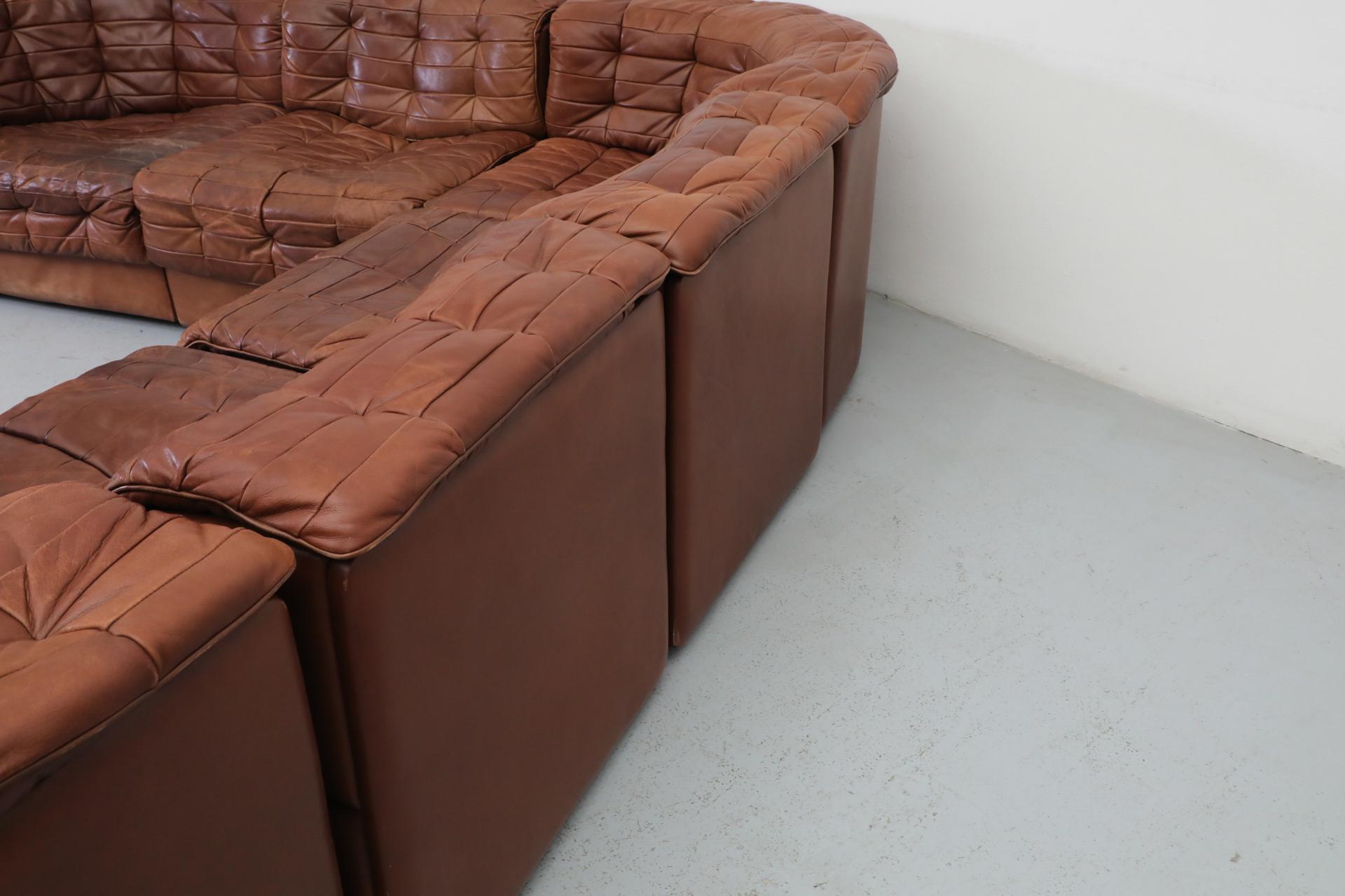 De Sede DS11 Cognac Patchwork Leather Sectional Sofa with 6 Modular Pieces 11