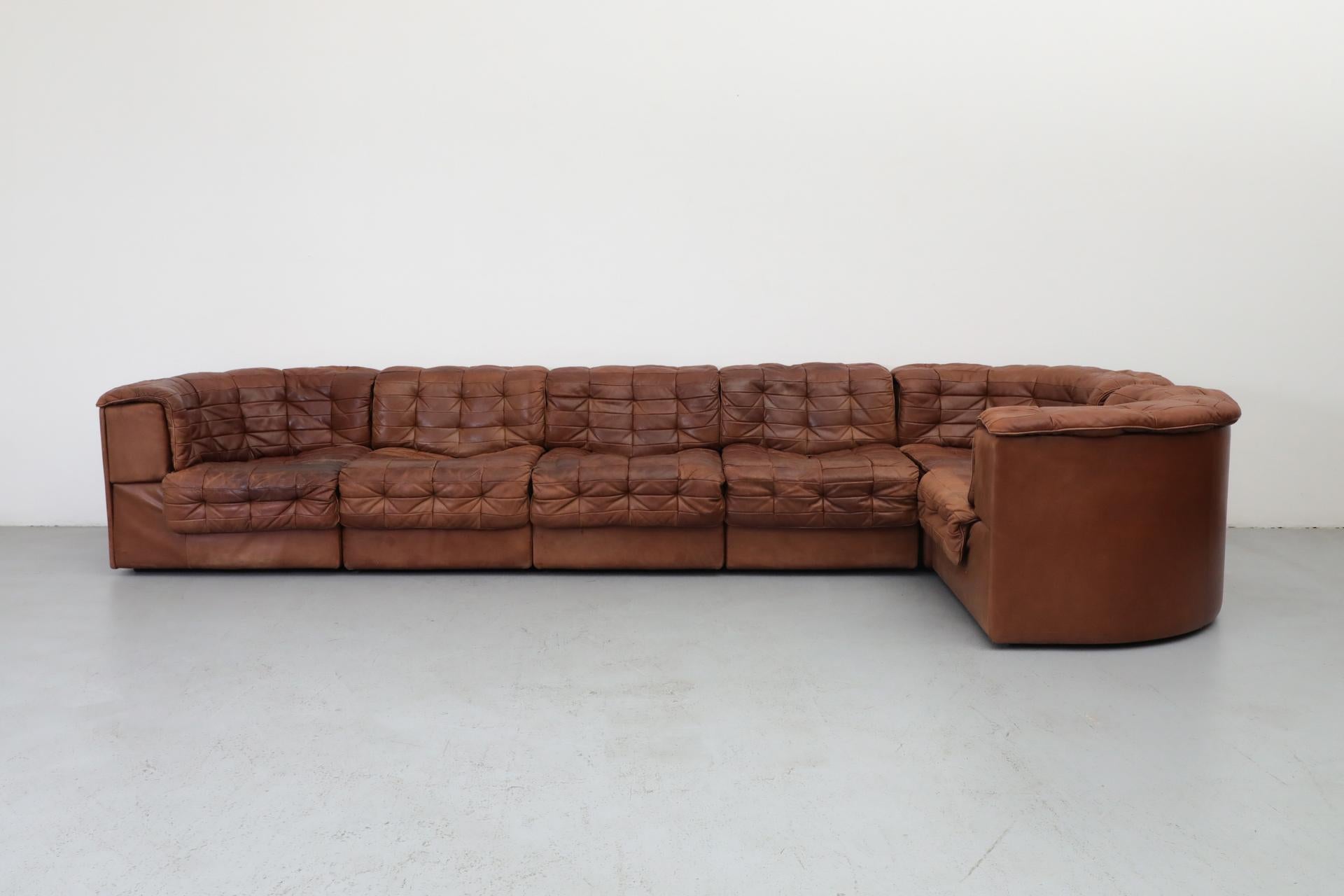 Mid-Century Modern De Sede DS11 Cognac Patchwork Leather Sectional Sofa with 6 Modular Pieces
