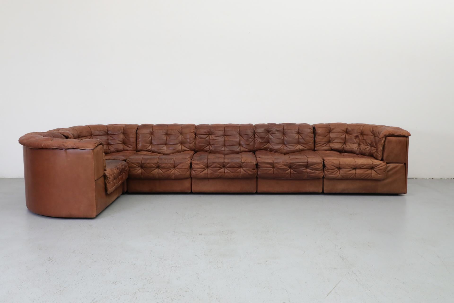 Swiss De Sede DS11 Cognac Patchwork Leather Sectional Sofa with 6 Modular Pieces