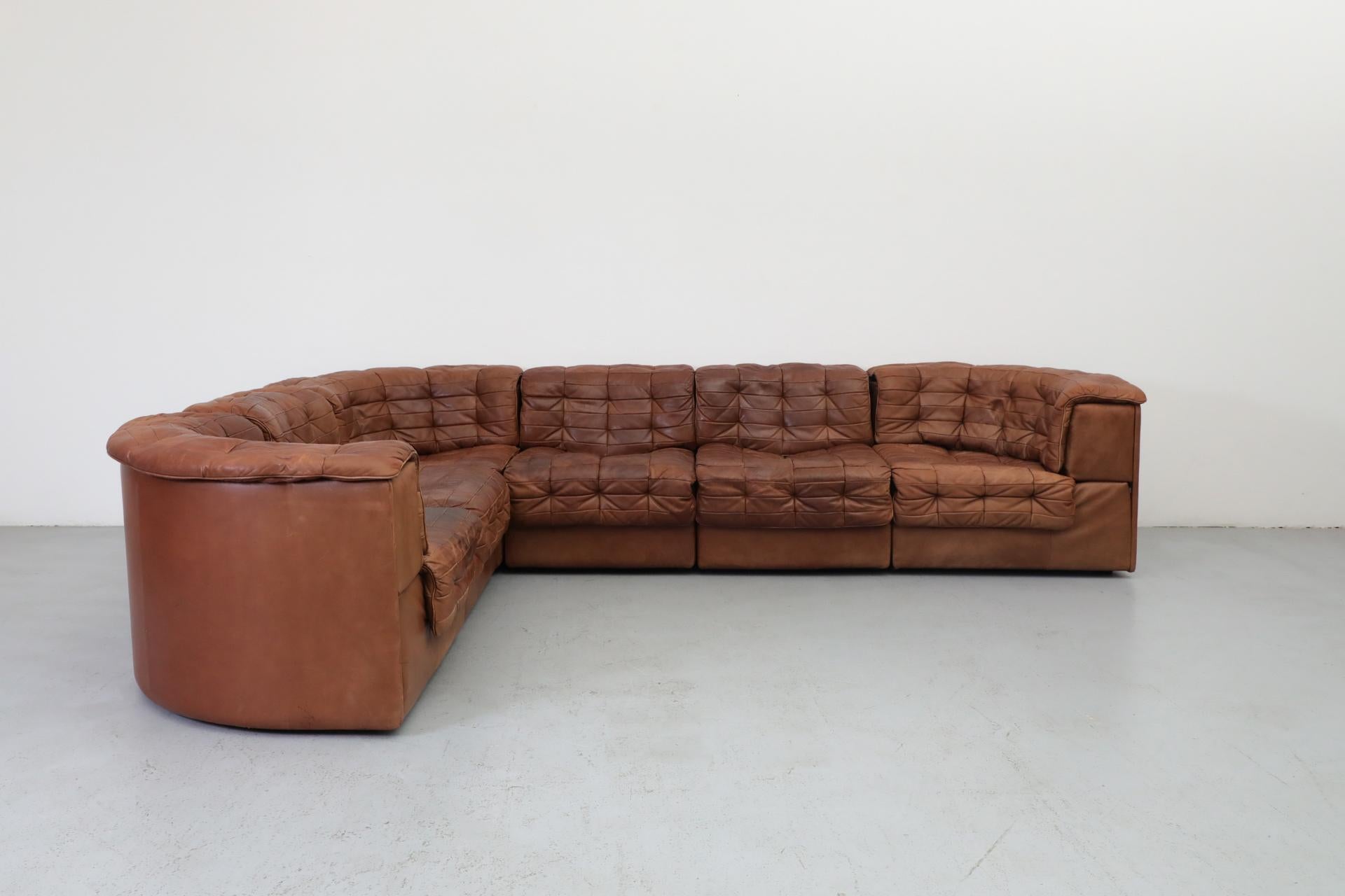 De Sede DS11 Cognac Patchwork Leather Sectional Sofa with 6 Modular Pieces In Good Condition In Los Angeles, CA