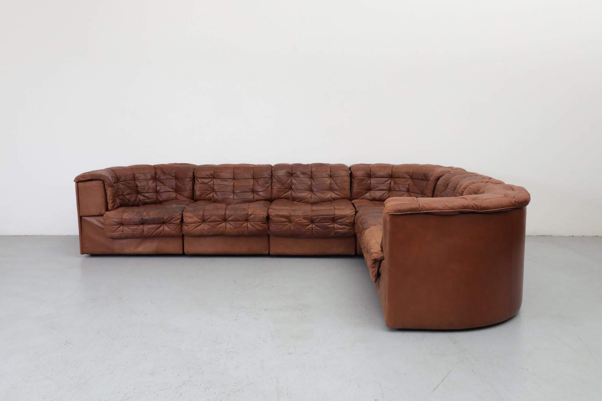 20th Century De Sede DS11 Cognac Patchwork Leather Sectional Sofa with 6 Modular Pieces