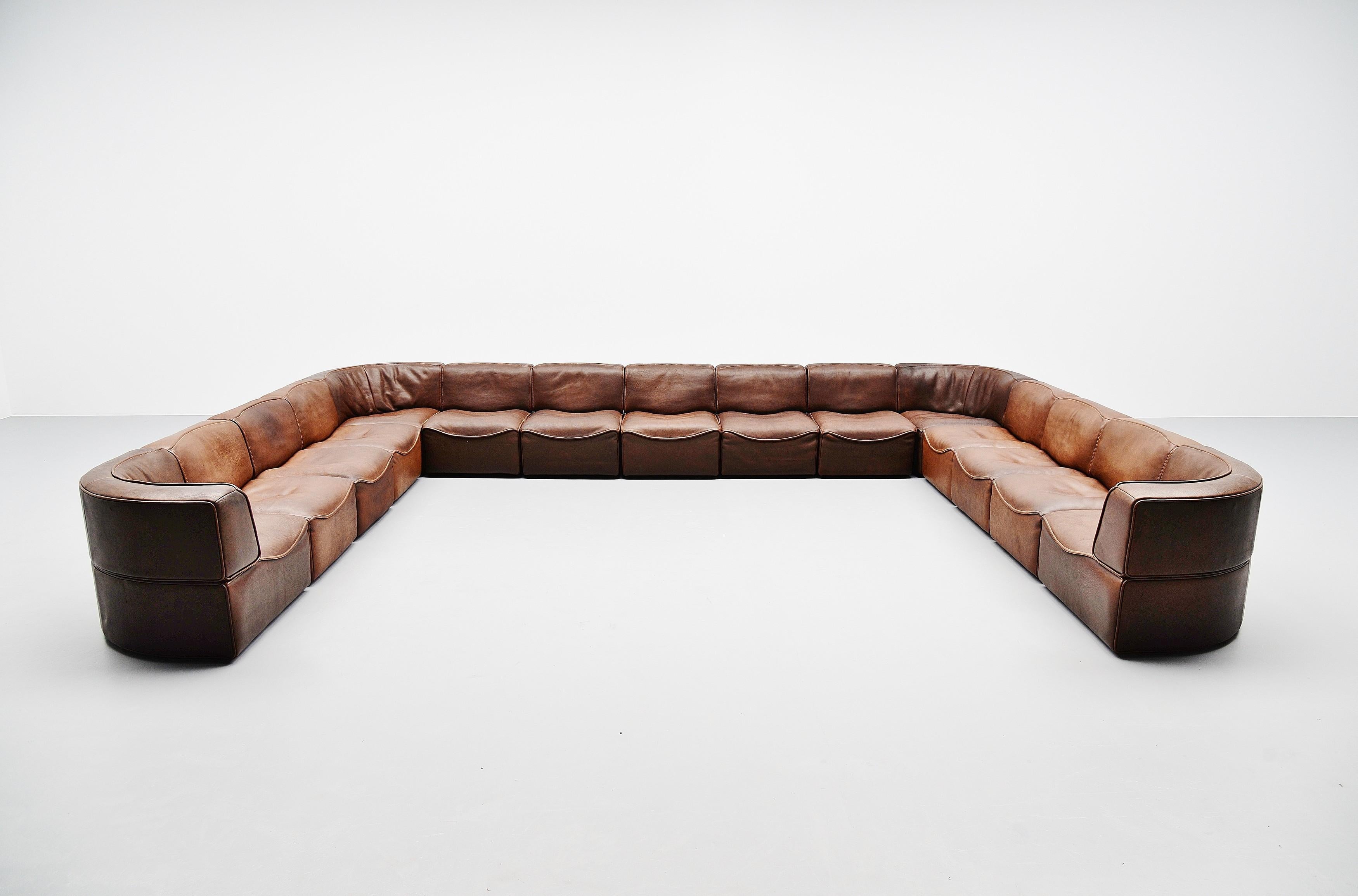 Very nice and large modular sofa designed and manufactured by De Sede, Switzerland 1970. This modular sofa is model DS15 and was made of very thick brown buffalo leather which is indestructible. De Sede is known for its quality leather used with