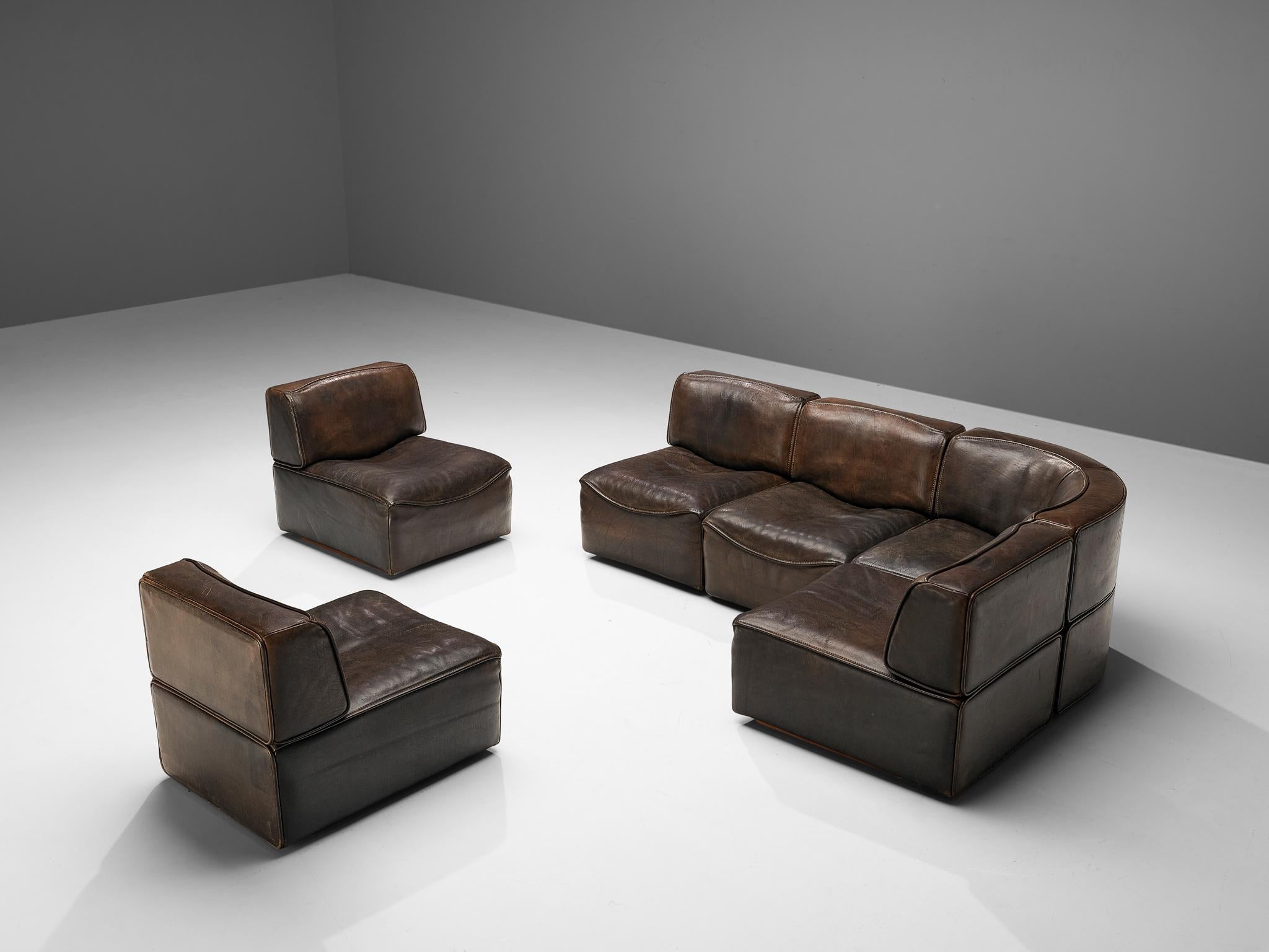 Swiss De Sede 'DS15' Sectional Sofa in Patinated Brown Leather