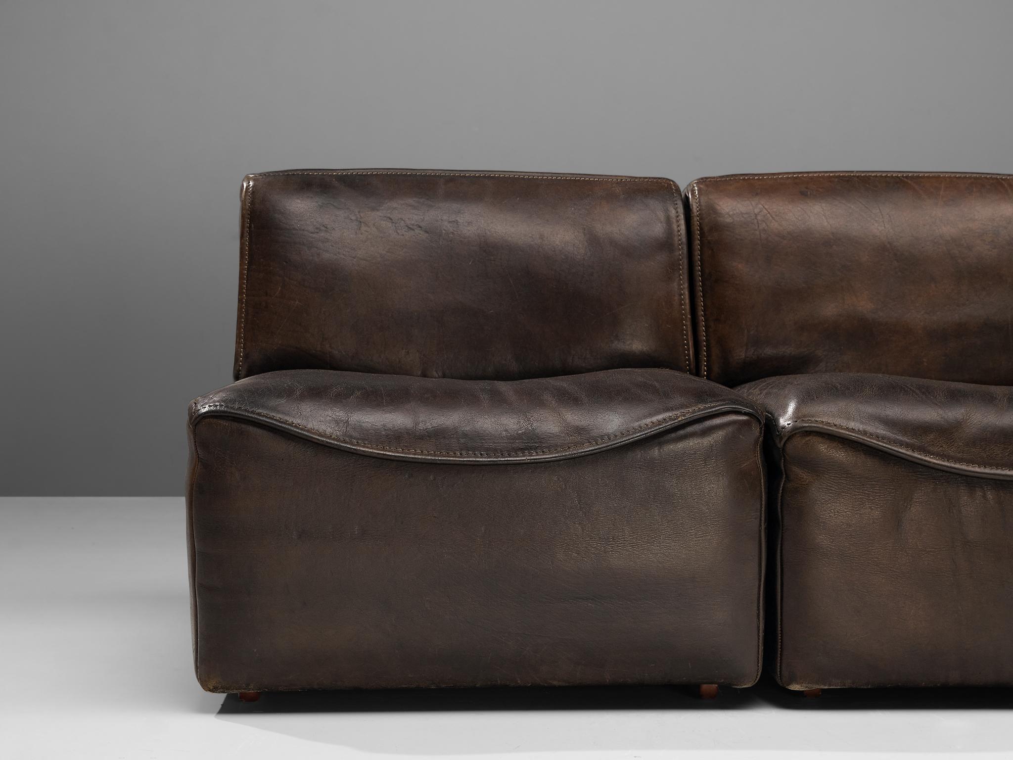 De Sede 'DS15' Sectional Sofa in Patinated Brown Leather In Good Condition In Waalwijk, NL