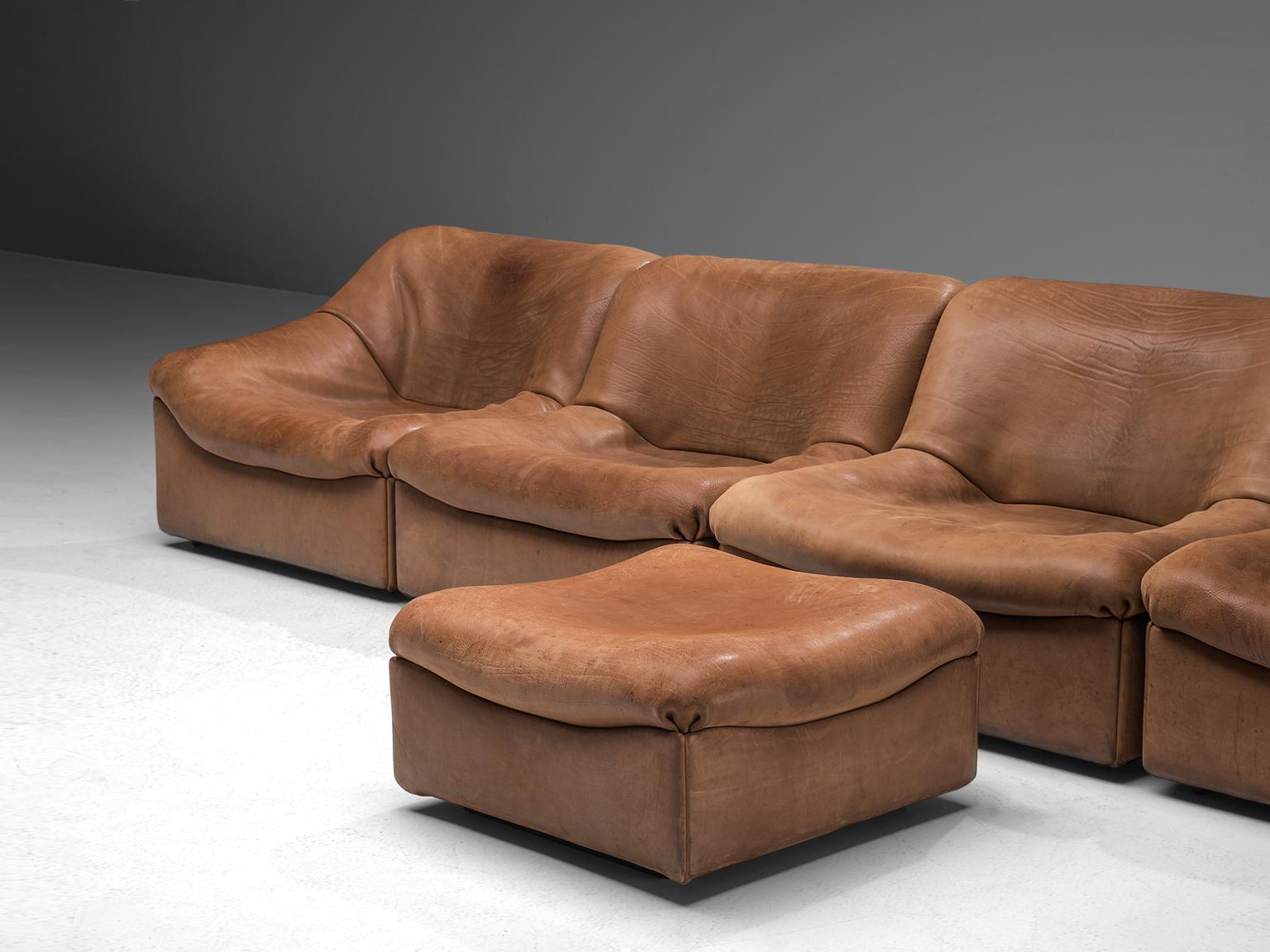 Swiss De Sede DS46 Sectional Sofa with Ottoman in Cognac Buffalo Leather