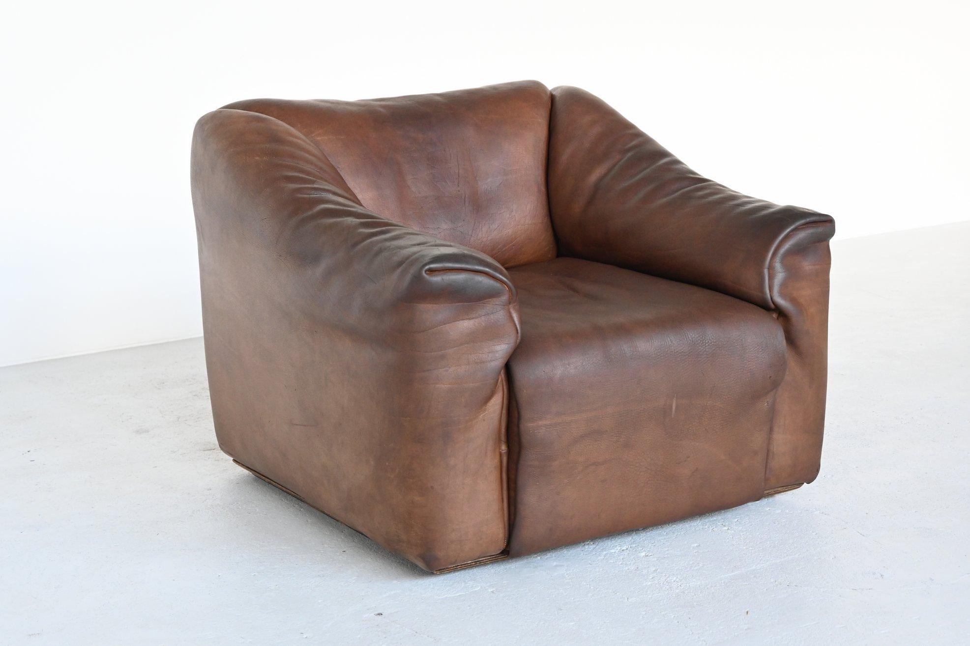 Swiss De Sede DS47 Armchair with Ottoman Brown Buffalo Leather, Switzerland, 1970