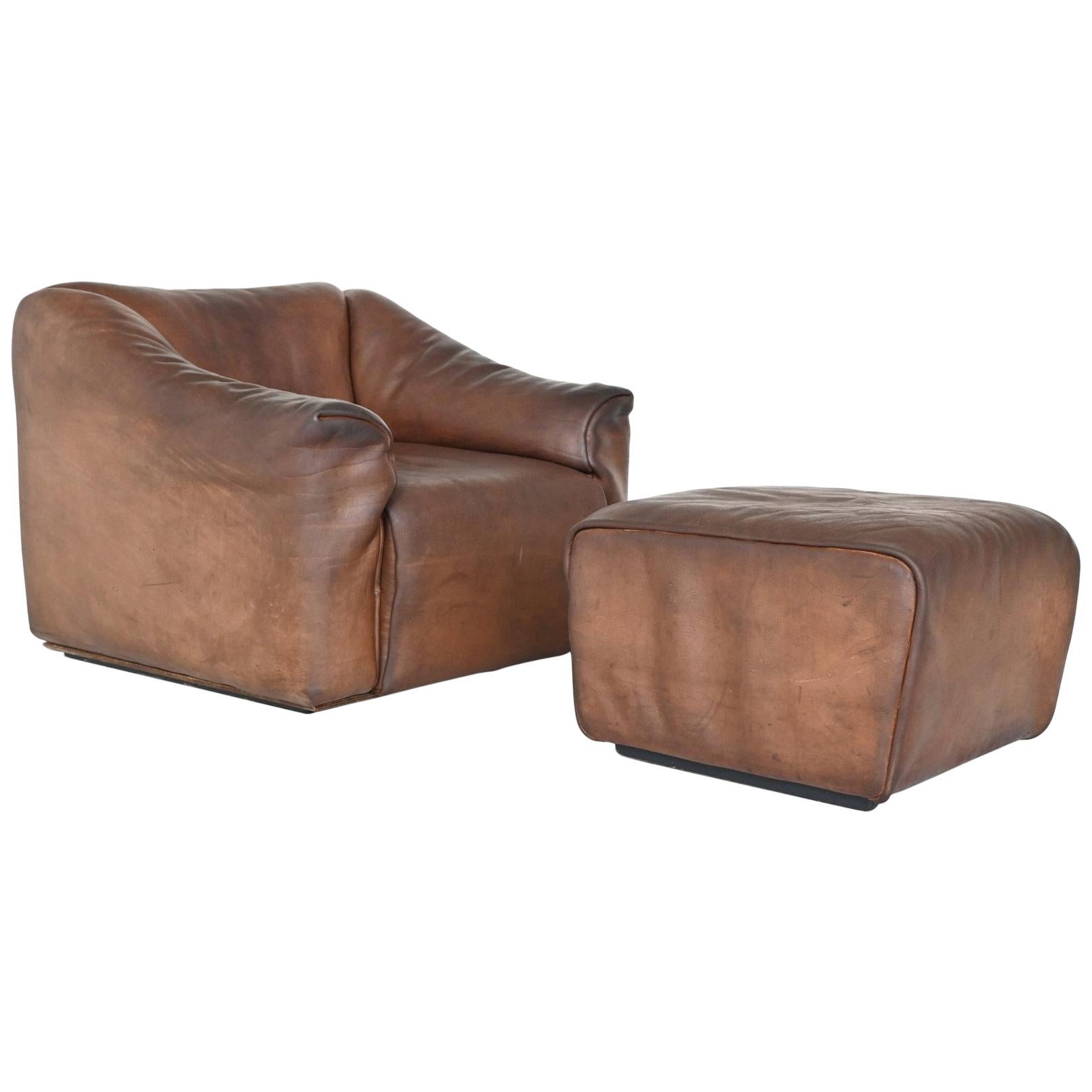 De Sede DS47 Armchair with Ottoman Brown Buffalo Leather, Switzerland, 1970