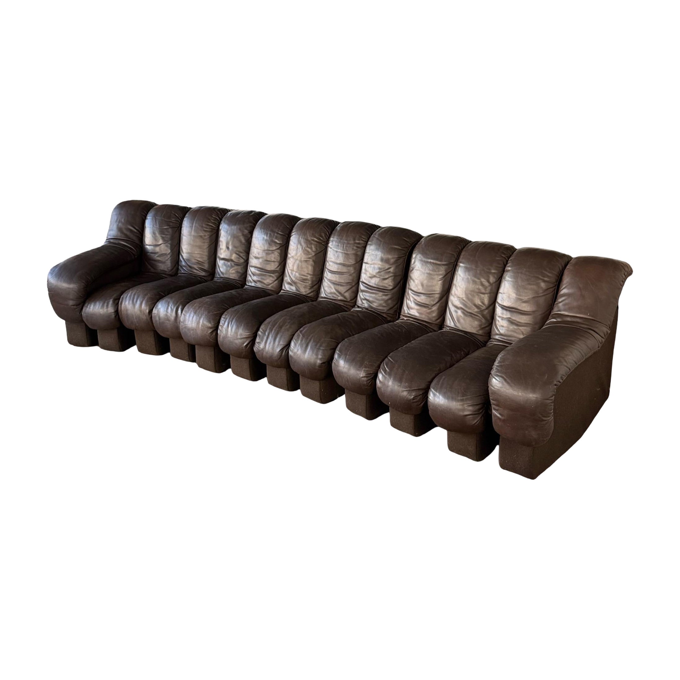 De Sede DS600 Brown Leather Non-Stop Snake Sofa, 1970's