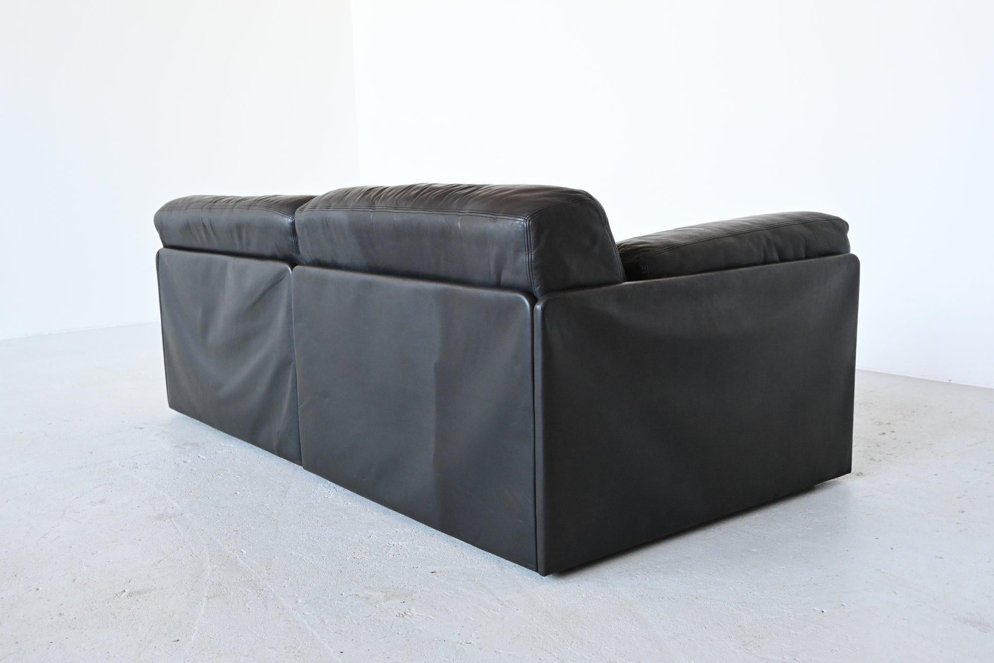 Mid-Century Modern De Sede DS76 Two-Seat Sofa Black Leather, Switzerland, 1970