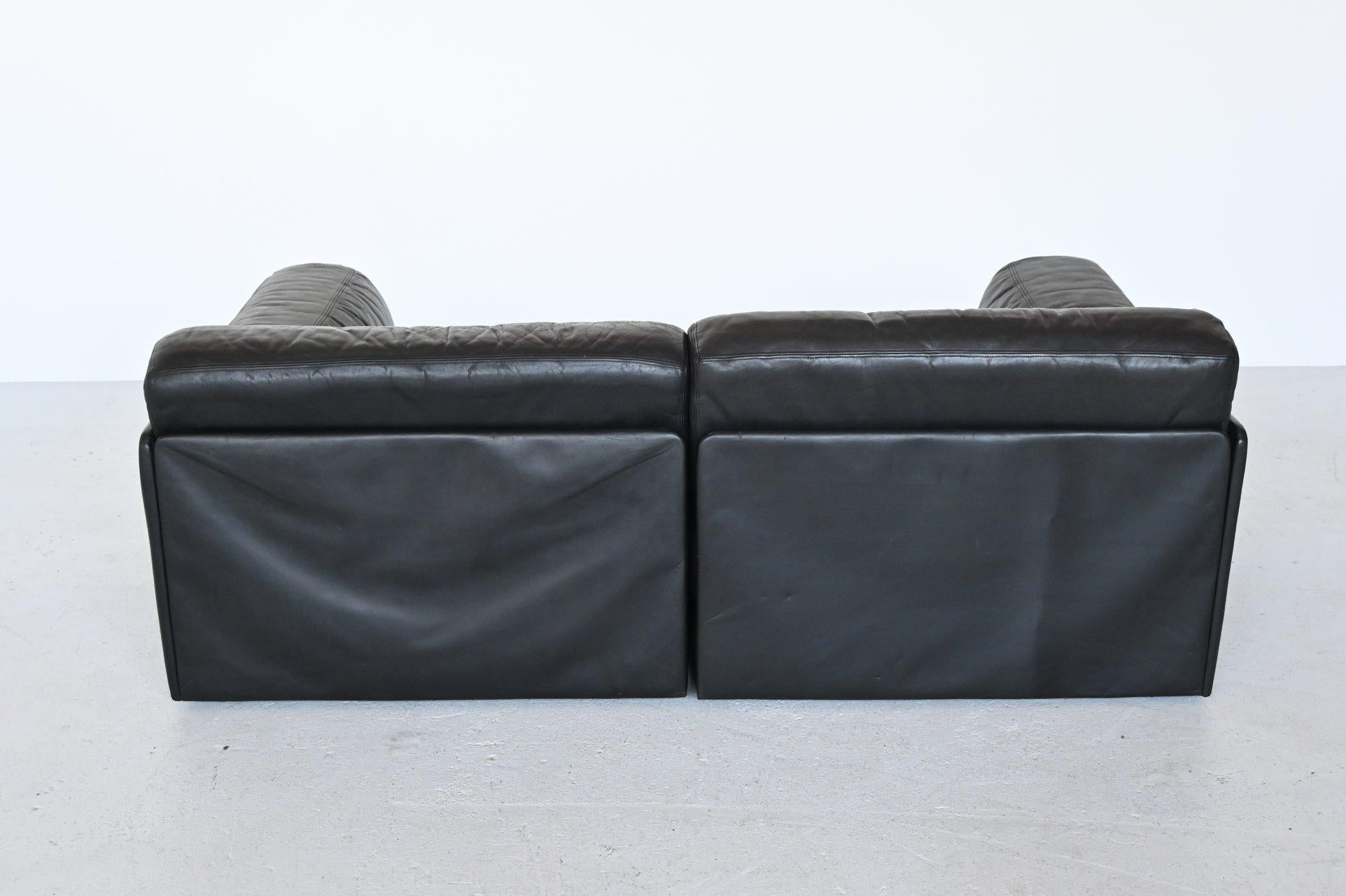 Swiss De Sede DS76 Two-Seat Sofa Black Leather, Switzerland, 1970