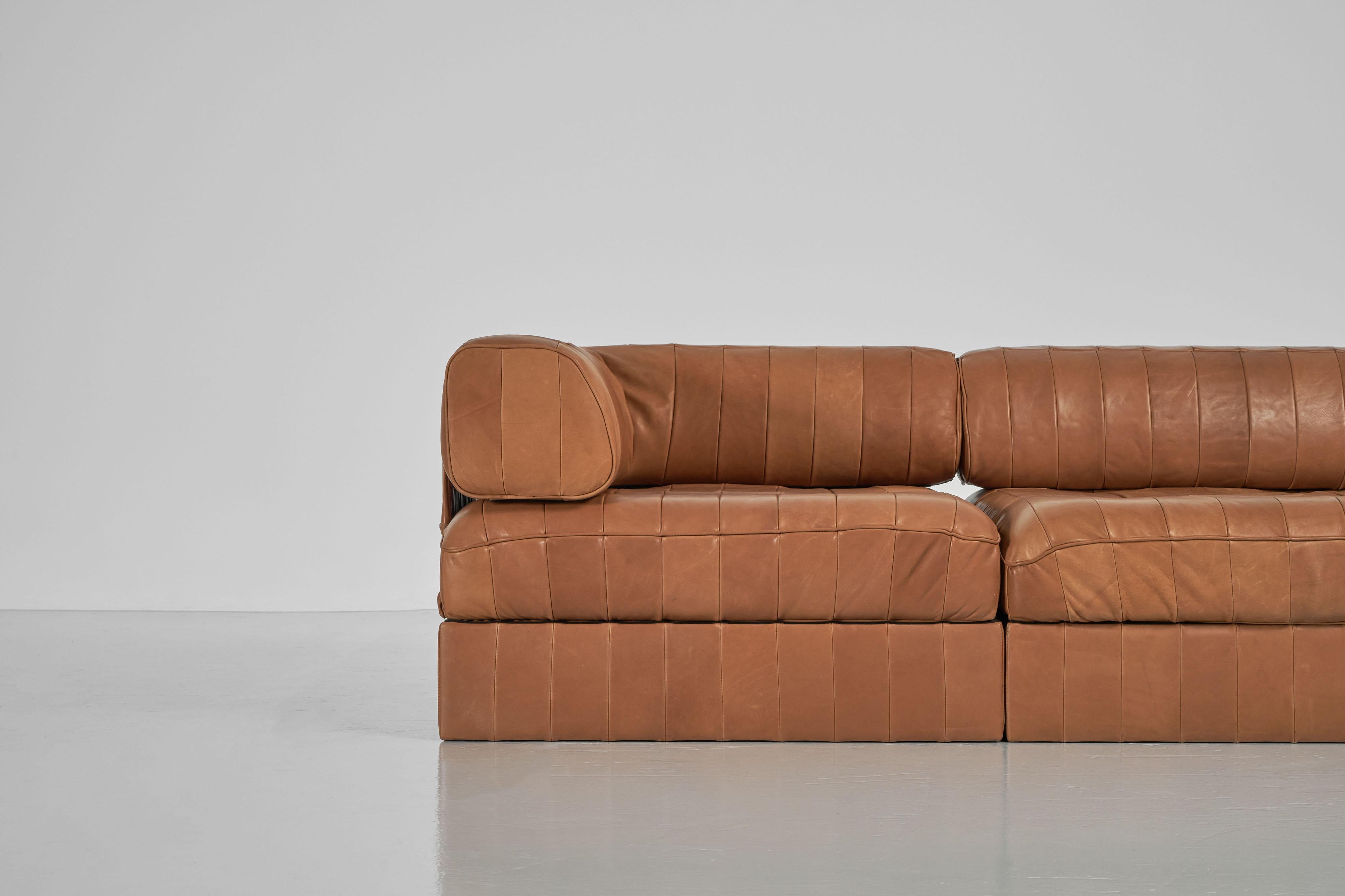 Fantastic leather stitched patchwork sofa model DS88 designed by De Sede team and manufactured by De Sede, Switzerland 1970s. This sofa has beautiful natural tanned leather patchwork, that still looks amazing and classy. Fantastic design by De Sede