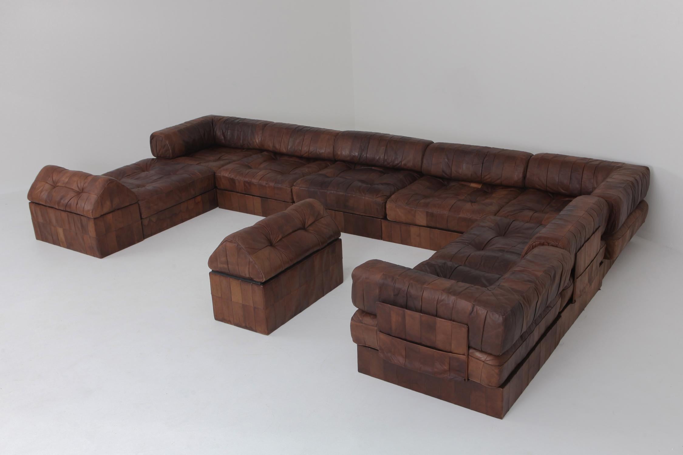 Mid-Century Modern De Sede DS88 Modular Brown-Cognac Leather Patchwork Sofa   