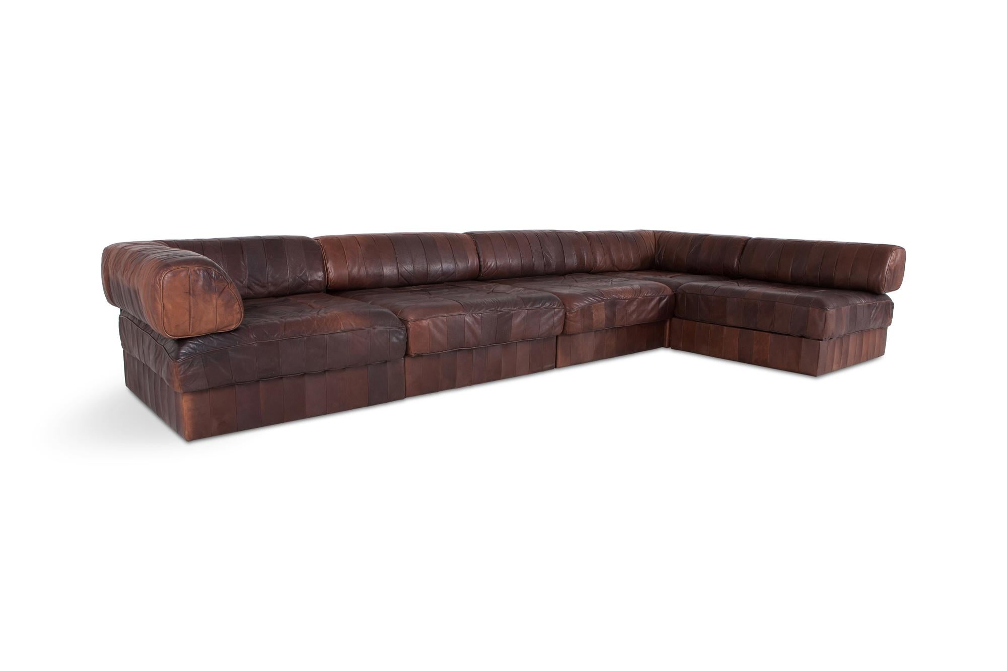 Mid-Century Modern De Sede DS88 Modular Brown-Cognac Leather Patchwork Sofa   