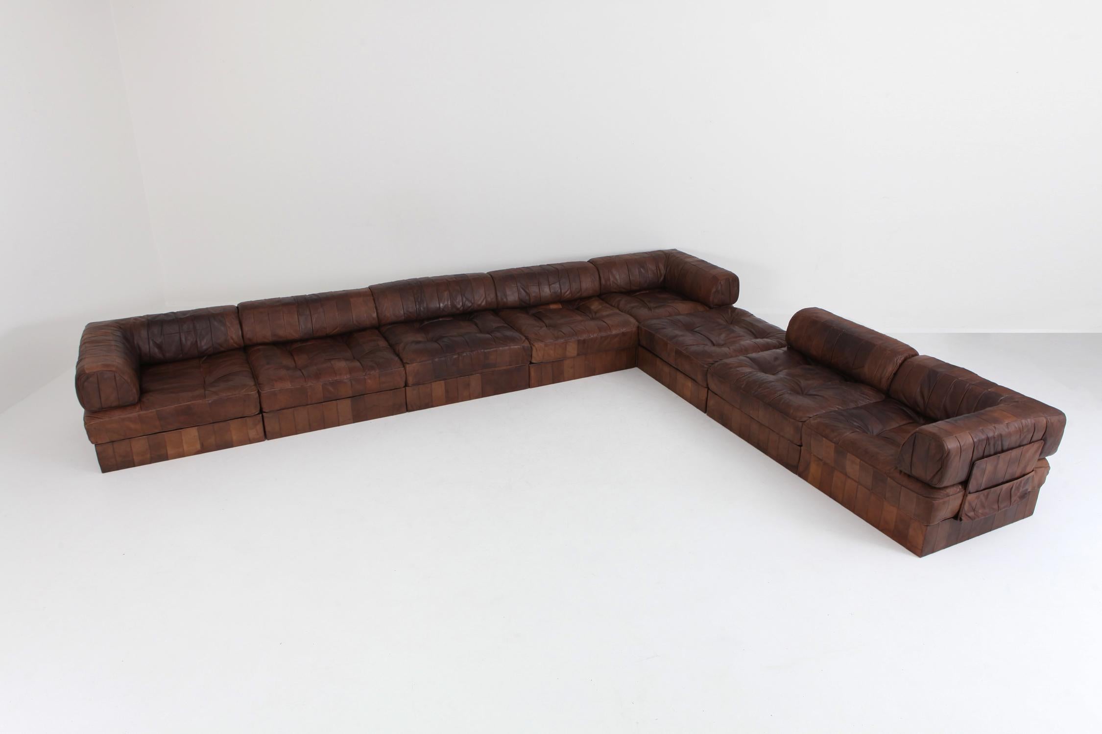 Swiss De Sede DS88 Modular Brown-Cognac Leather Patchwork Sofa   