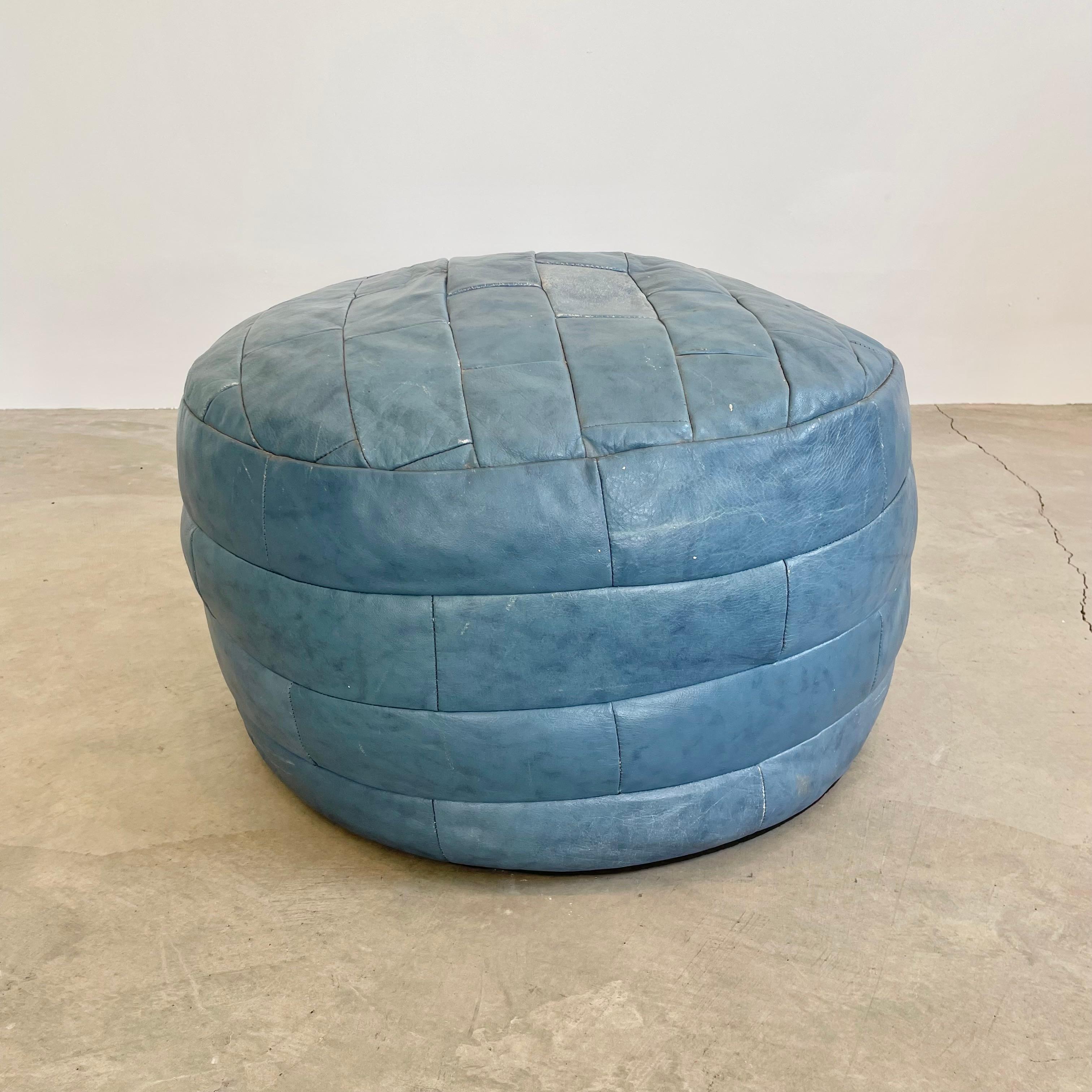 De Sede Faded Blue Patchwork Leather Ottoman, 1960s Switzerland In Good Condition In Los Angeles, CA