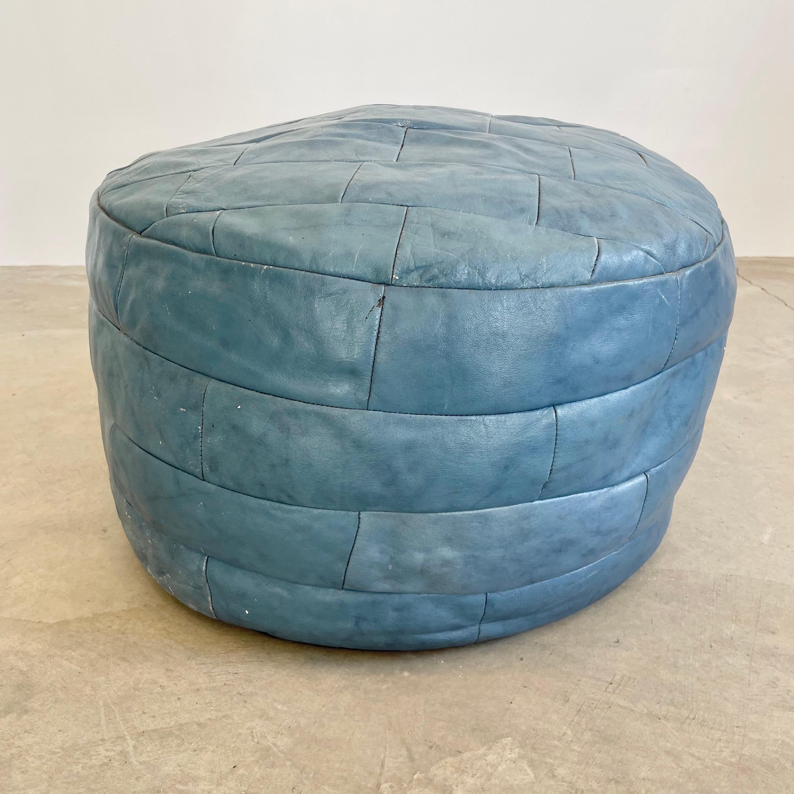 Mid-20th Century De Sede Faded Blue Patchwork Leather Ottoman, 1960s Switzerland
