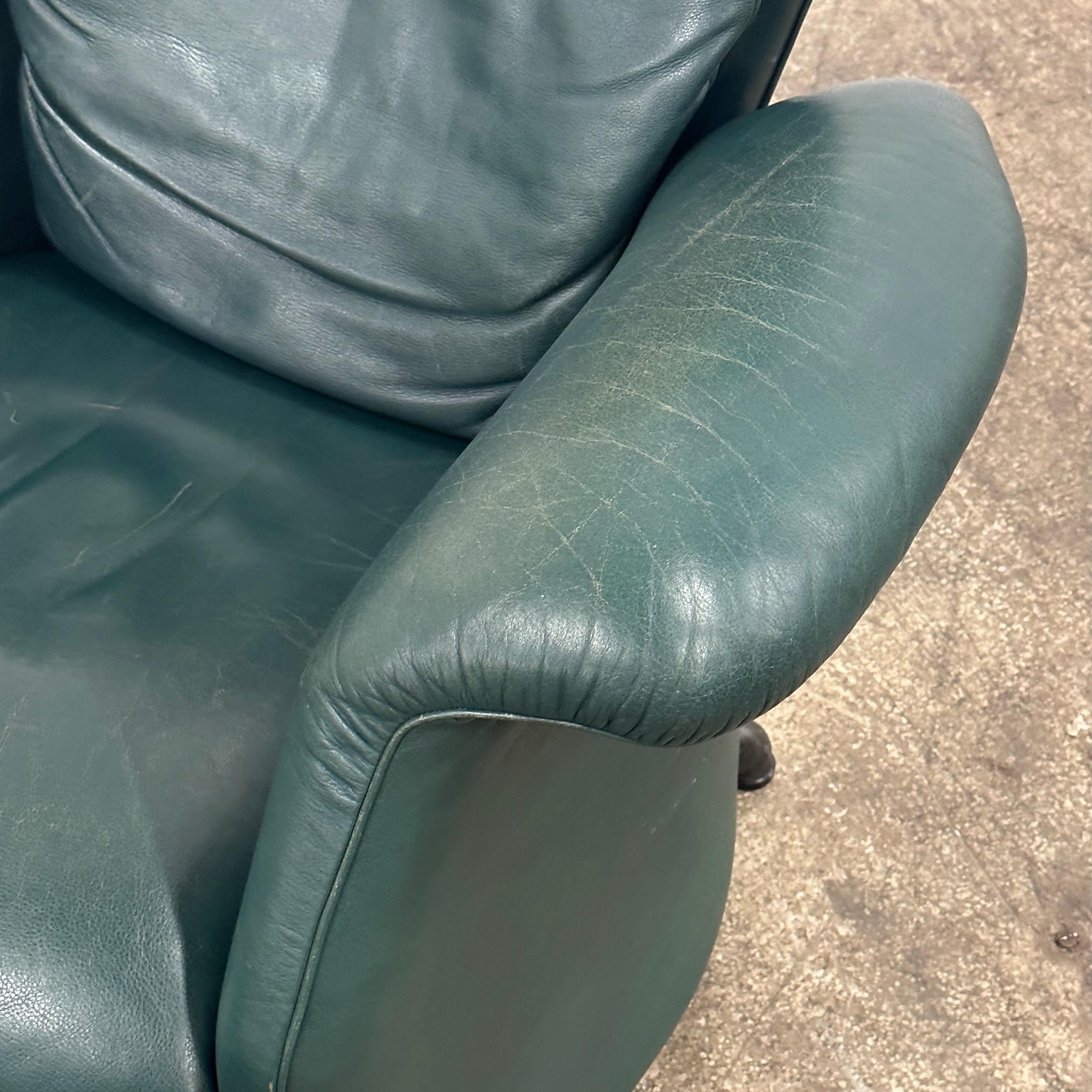 Swiss De Sede Green Leather Lounge Chair/Ottoman For Sale