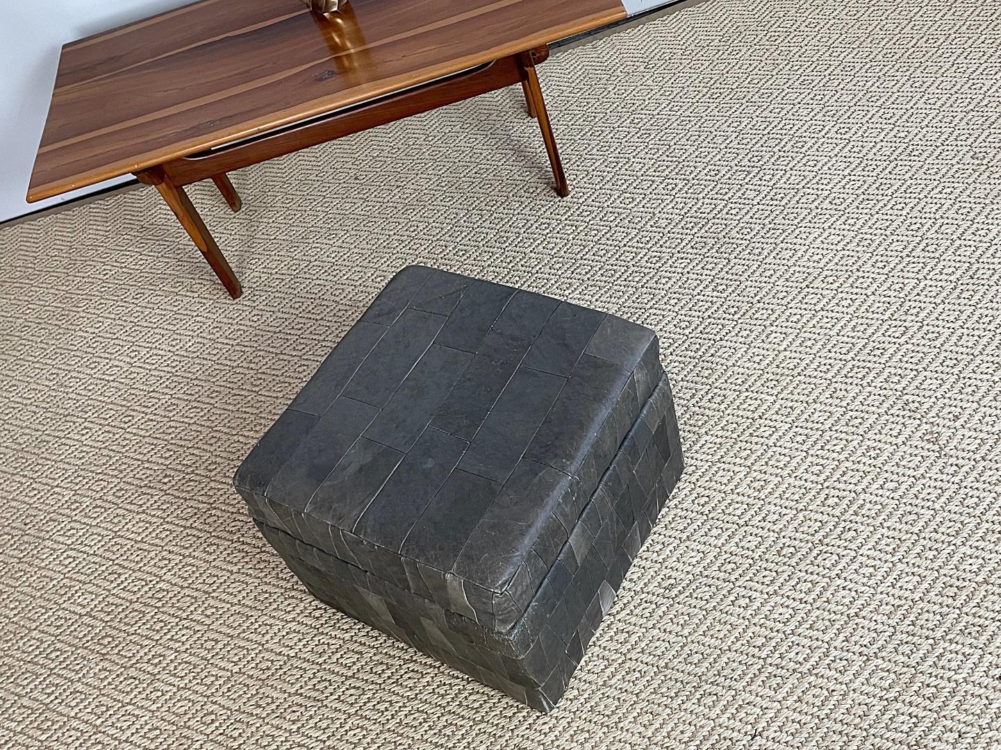 Swiss De Sede Gris Grey Patchwork Leather Storage Pouf, Ottoman, DeSede Switzerland For Sale