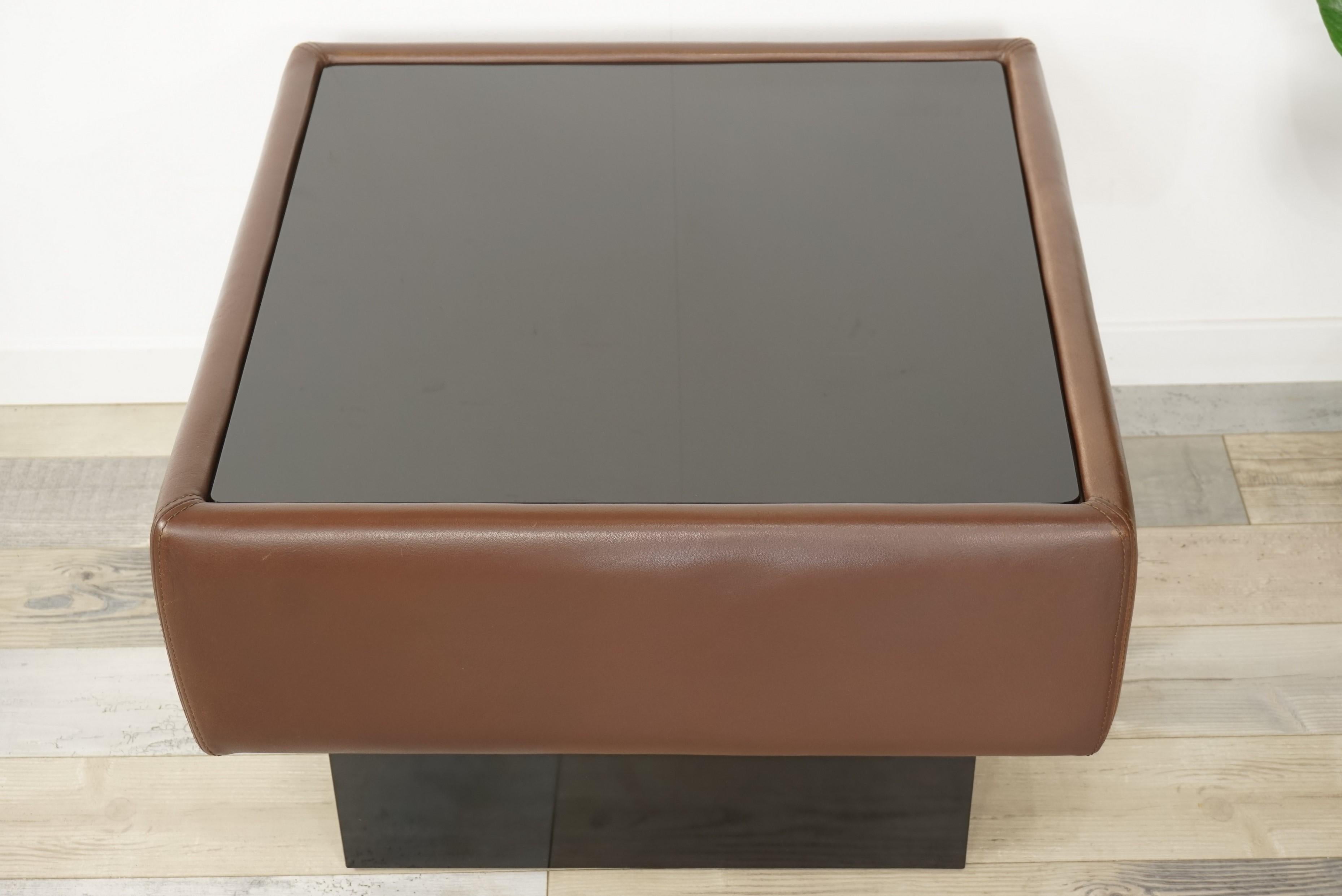 Modern Leather and Glass Square Coffee Table For Sale
