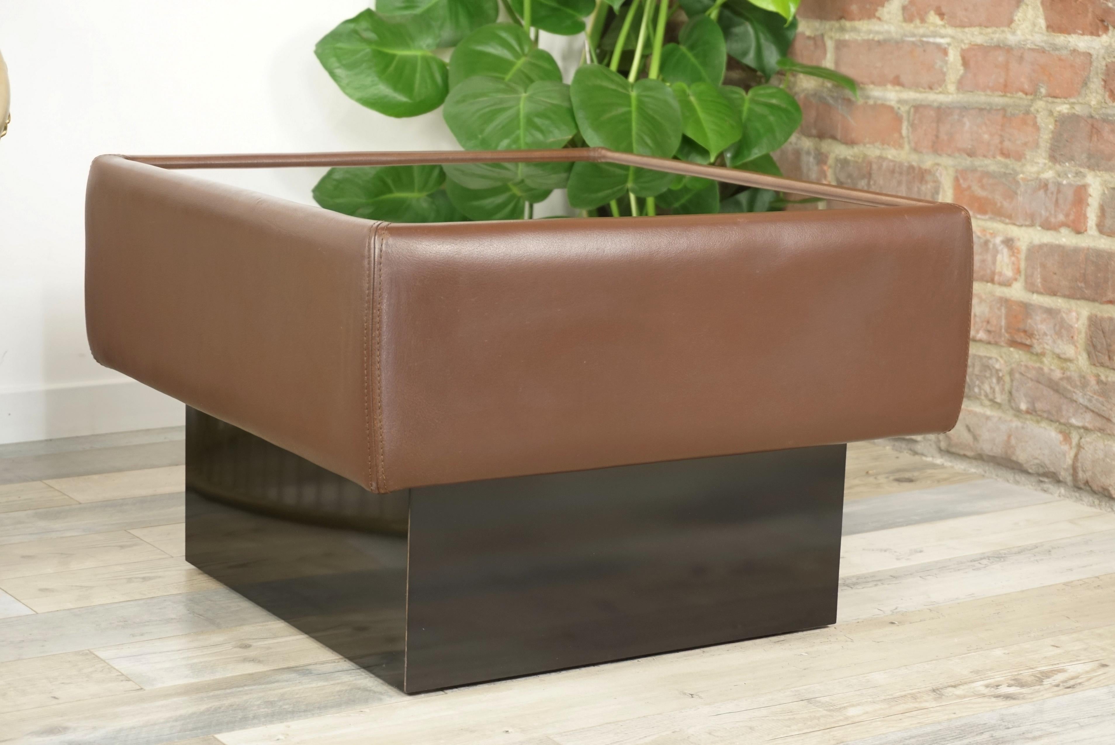 Late 20th Century Leather and Glass Square Coffee Table For Sale