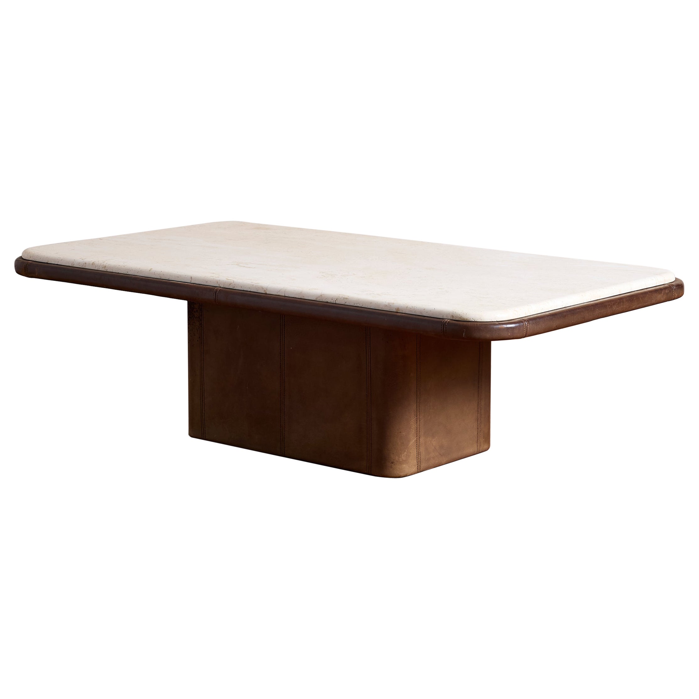 De Sede Leather and Travertine Coffee Table For Sale