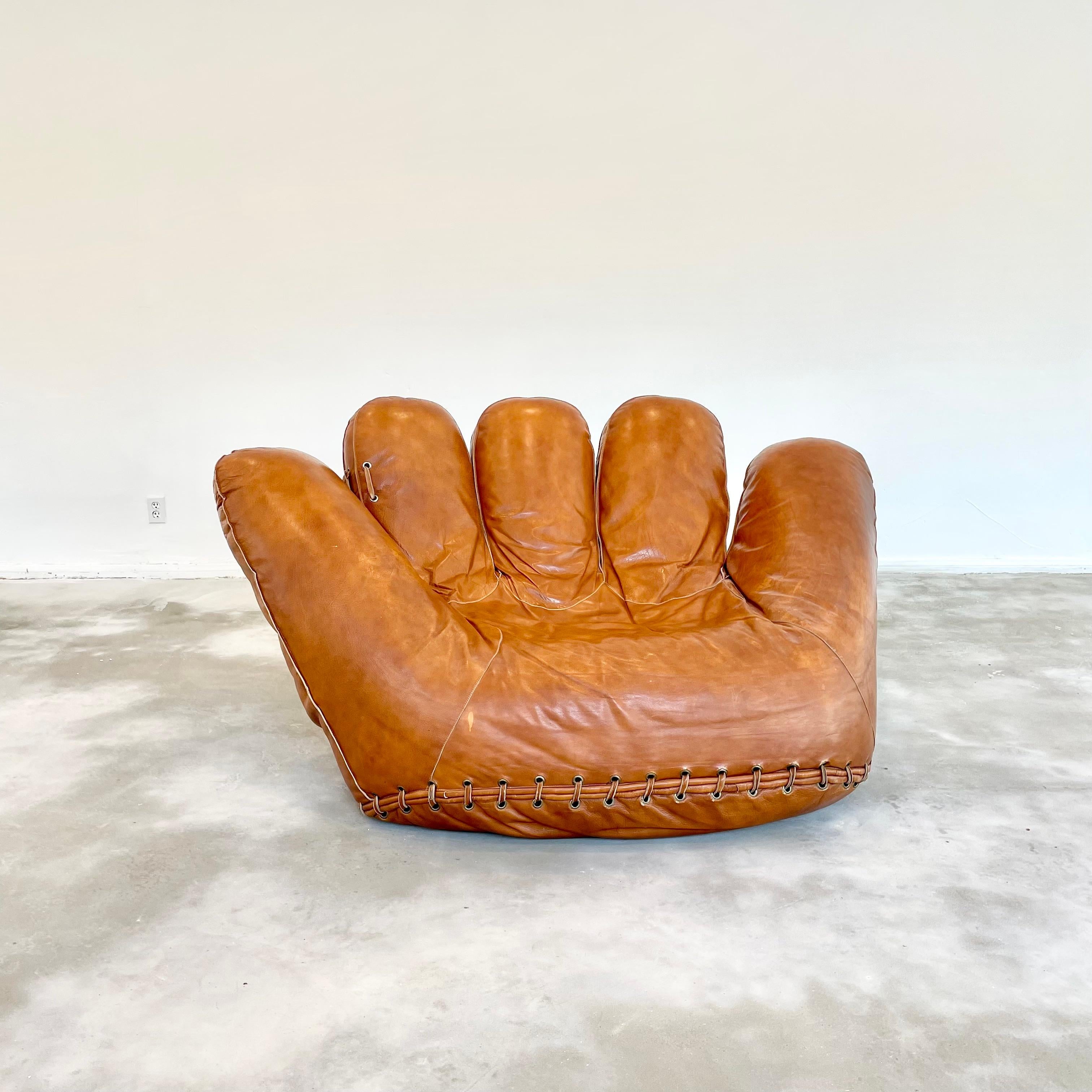 Monumental leather glove chair made for De Sede. Designed by Jonathan De Pas, Donato D'Urbino and Paolo Lomazzi in the 1970's. Signed by all three designers with De Sede lettering. Foam chair completely covered in rich saddle leather. Beautiful