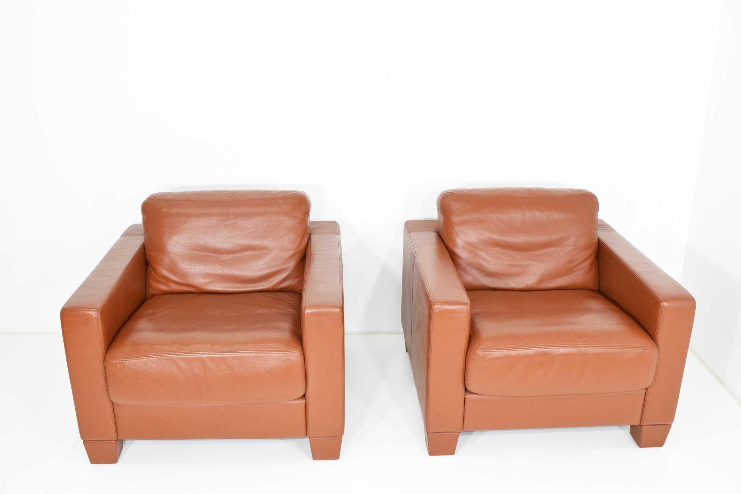Model DS-17 in saddle or cognac leather. Beautiful condition. We have four and are offering in pairs. We also have the sofa that matches this set under a separate listing. Legs can be replaced with wood if desired. They screw on.