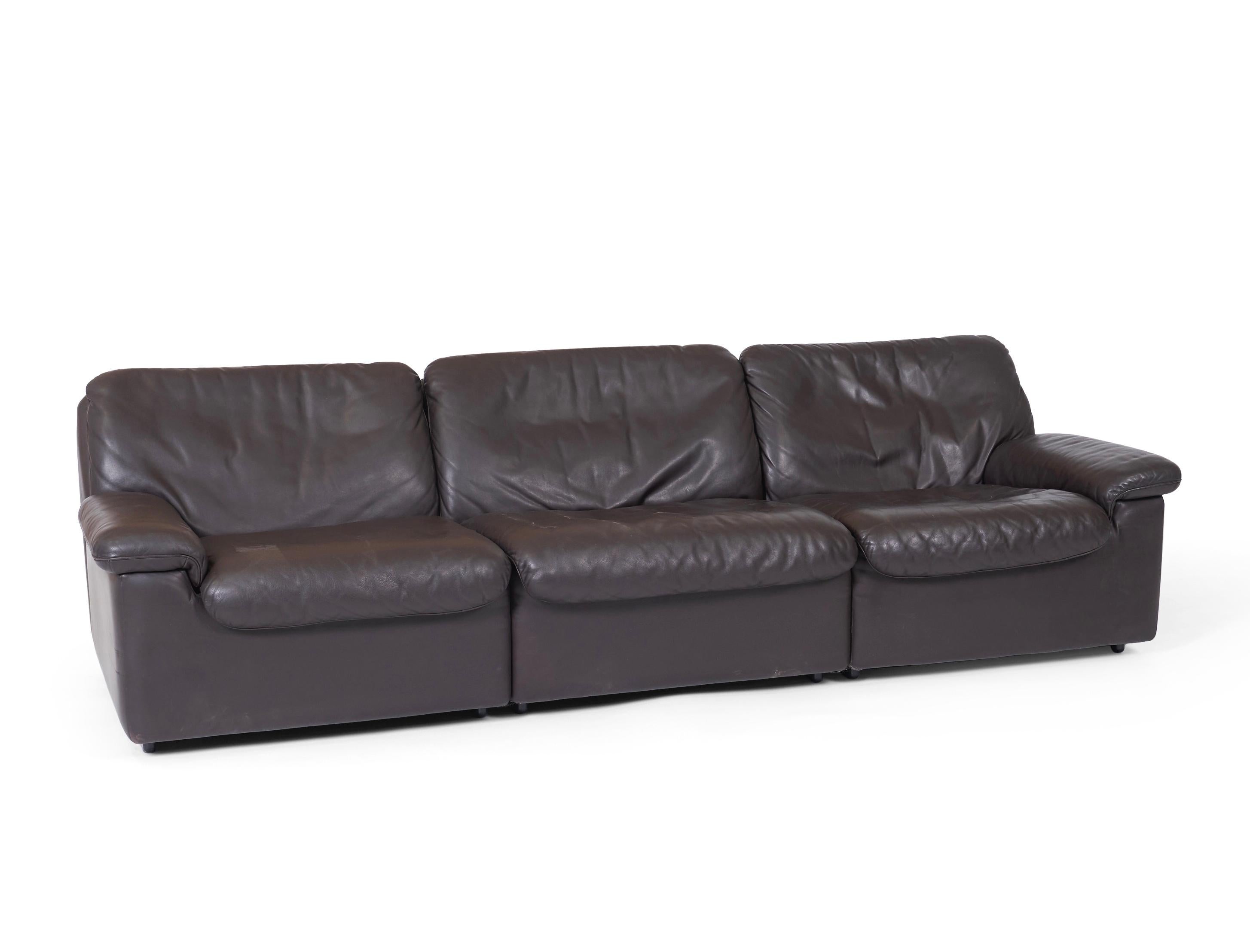3-seat dark brown leather sofa. Switzerland, 1960s, by De Sede using some of the finest leather available.
 