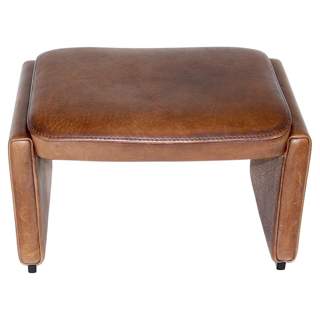 MidCentury Retro Danish Brown Leather Footstool / Ottoman, 1960s1970s