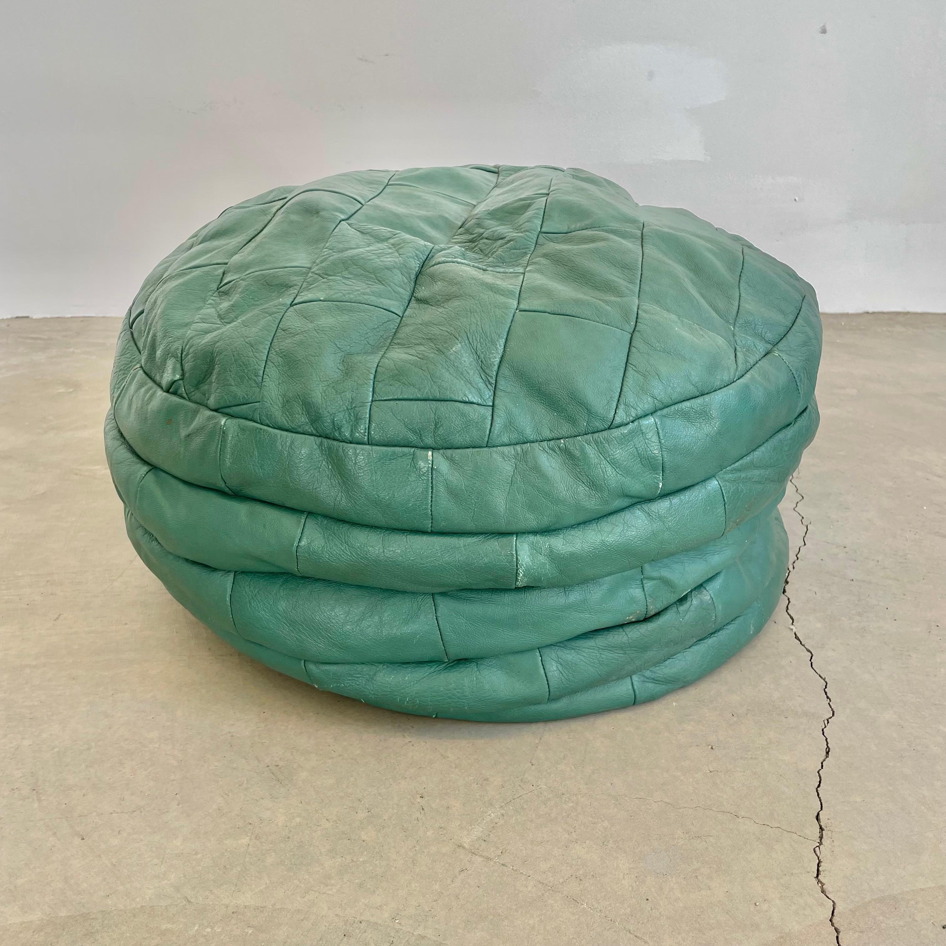 Late 20th Century De Sede Mint Green Leather Patchwork Ottoman, 1970s Switzerland For Sale