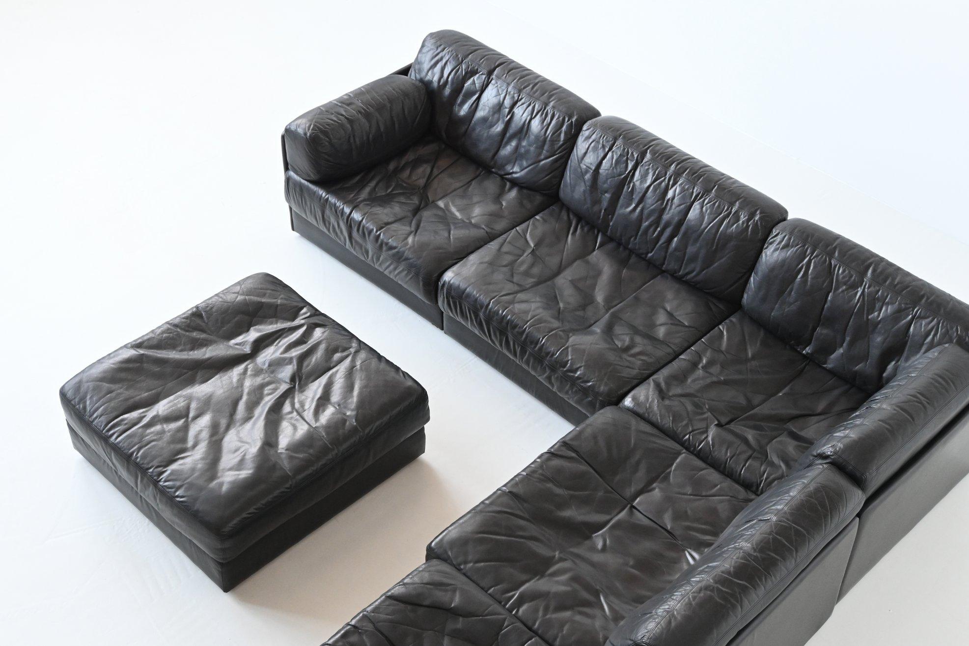 De Sede Model DS76 Large Sofa Set Black Leather, Switzerland, 1970 9