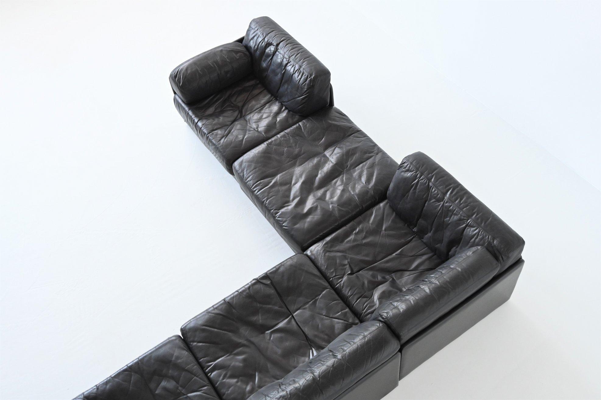 De Sede Model DS76 Large Sofa Set Black Leather, Switzerland, 1970 1