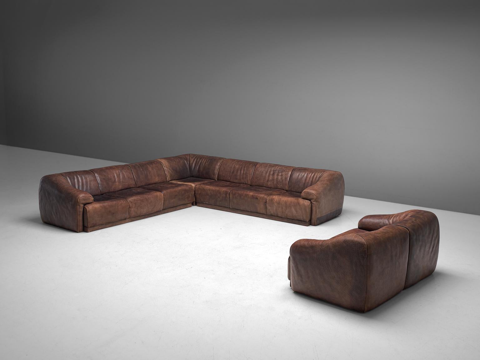 Mid-Century Modern De Sede Modular Lounge Set in Dark Brown Buffalo Leather, circa 1970