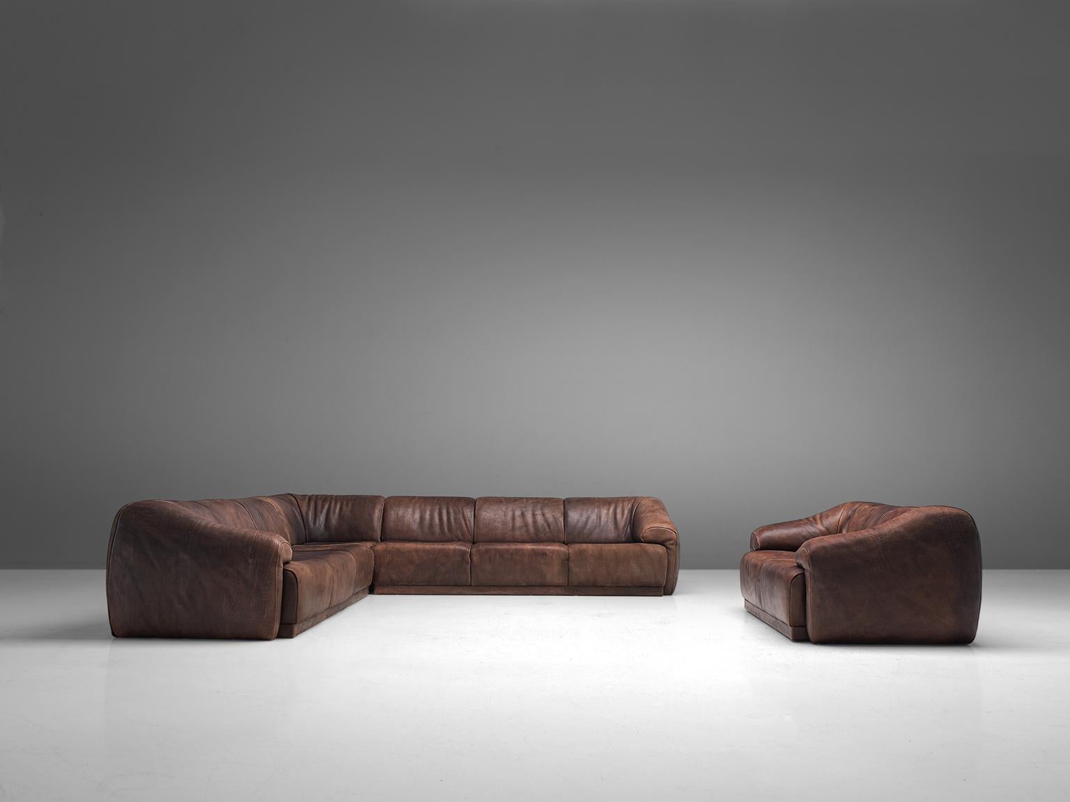 Swiss De Sede Modular Lounge Set in Dark Brown Buffalo Leather, circa 1970