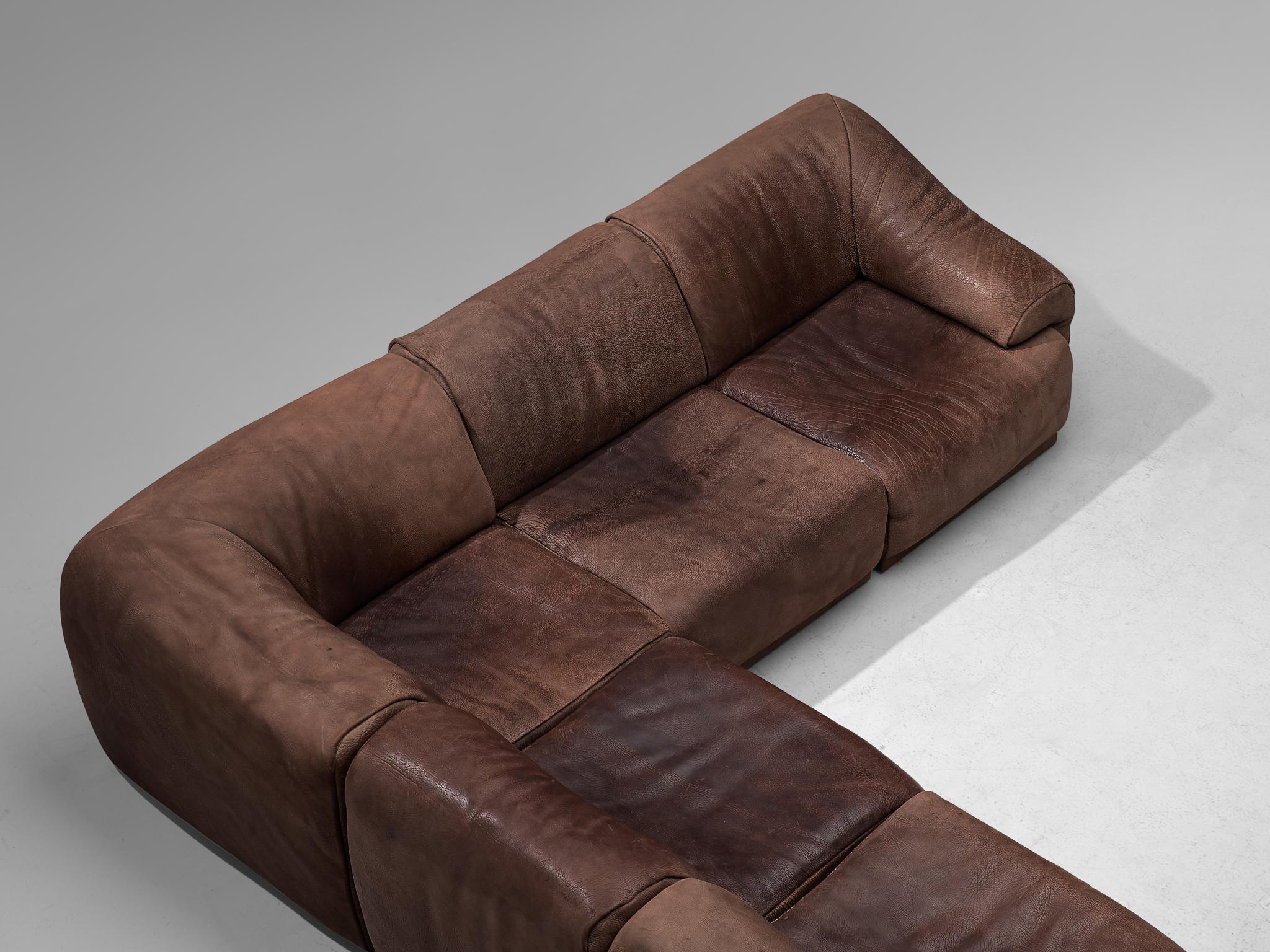 Mid-Century Modern De Sede Modular Lounge Set in Dark Brown Buffalo Leather, circa 1970