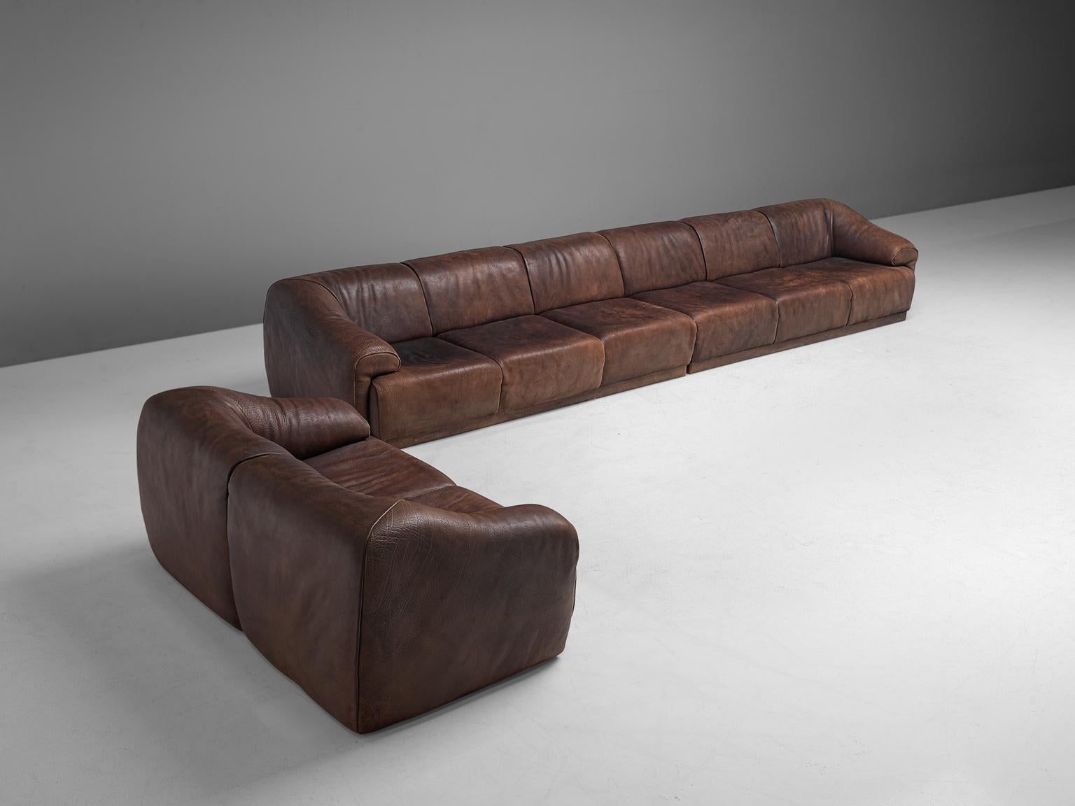 Late 20th Century De Sede Modular Lounge Set in Dark Brown Buffalo Leather, circa 1970