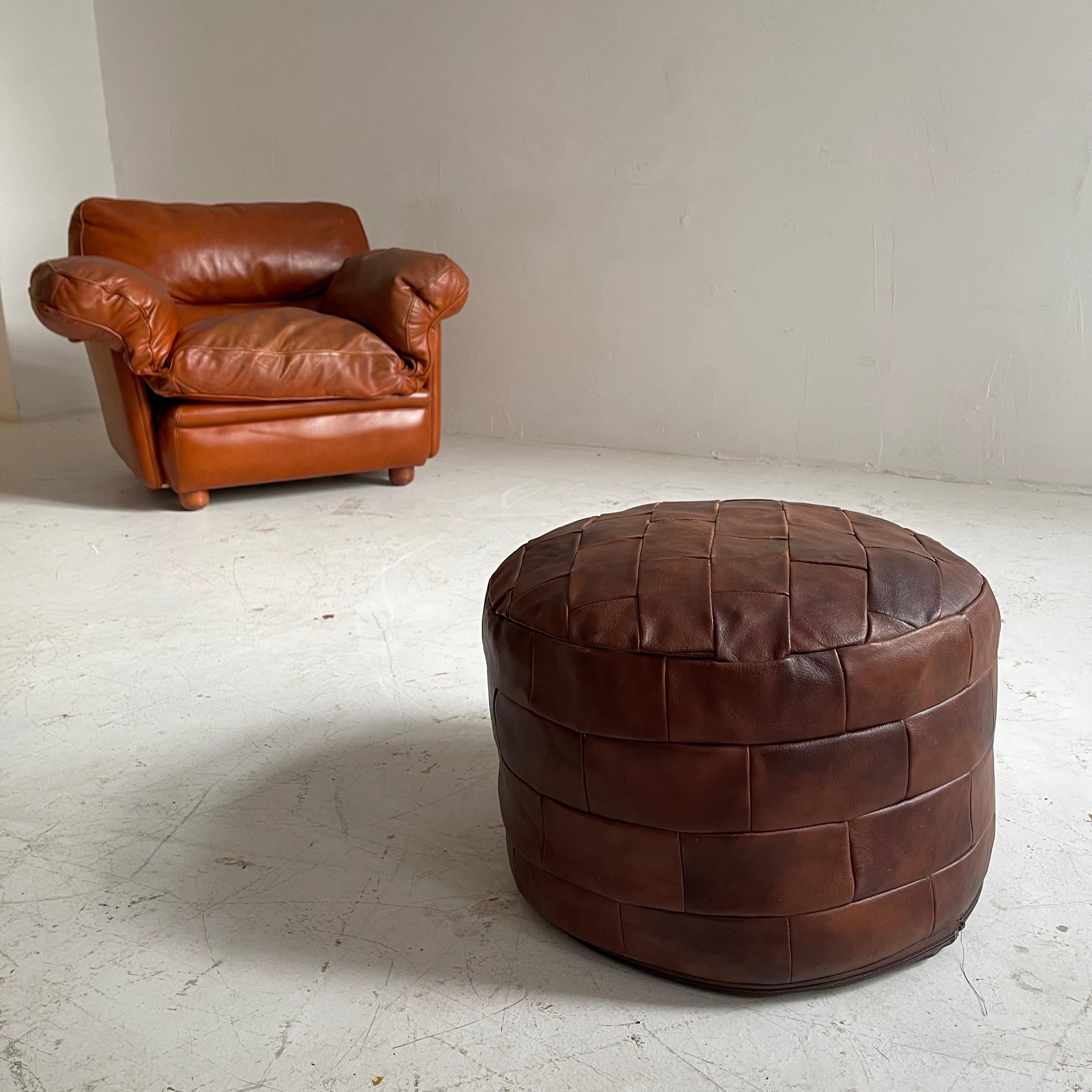 Mid-Century Modern De Sede Patchwork Leather Ottoman Pouf, Switzerland, 1970
