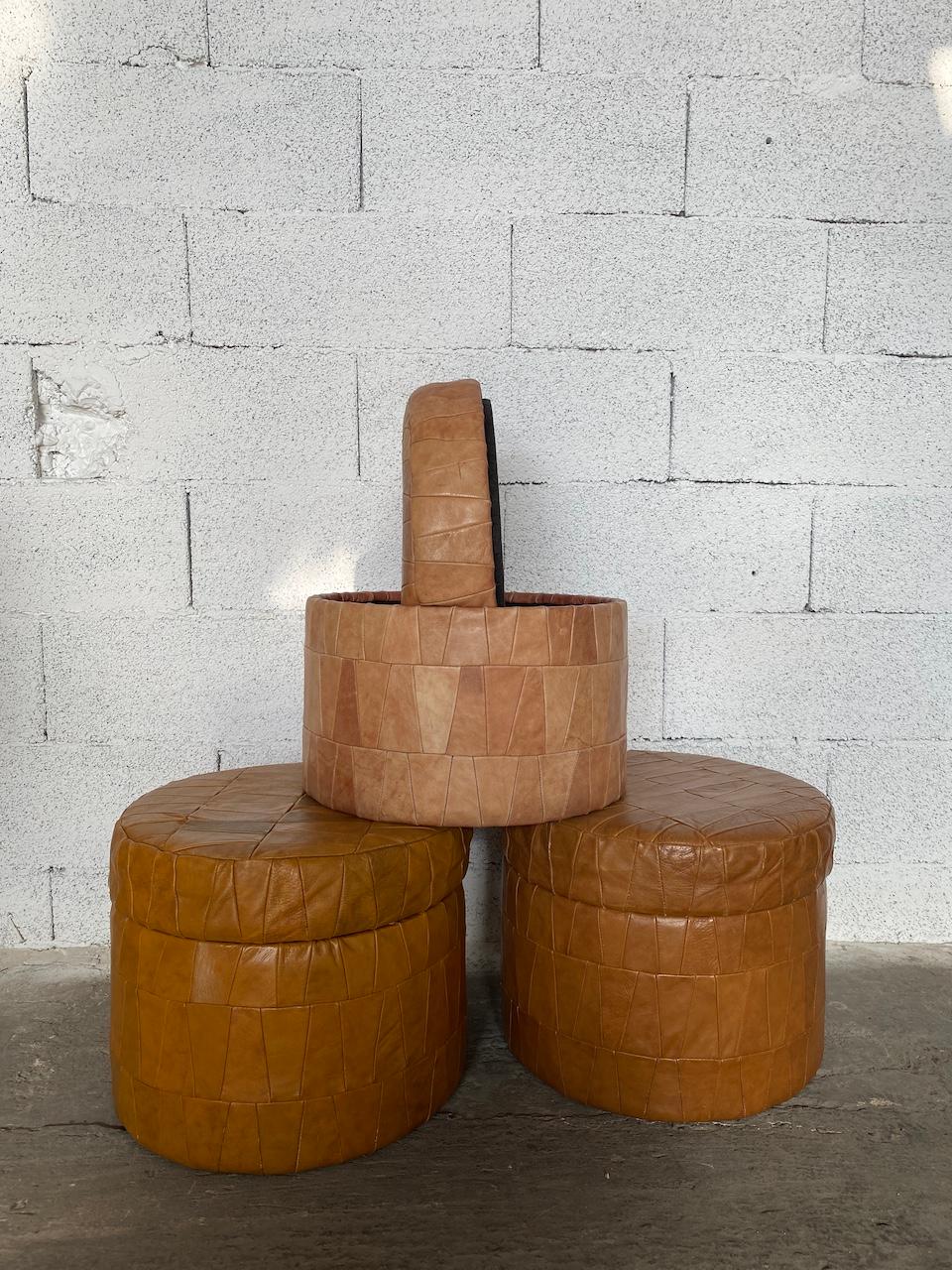 Modern De Sede Patchwork Leather Storage Pouf or Ottoman 1970