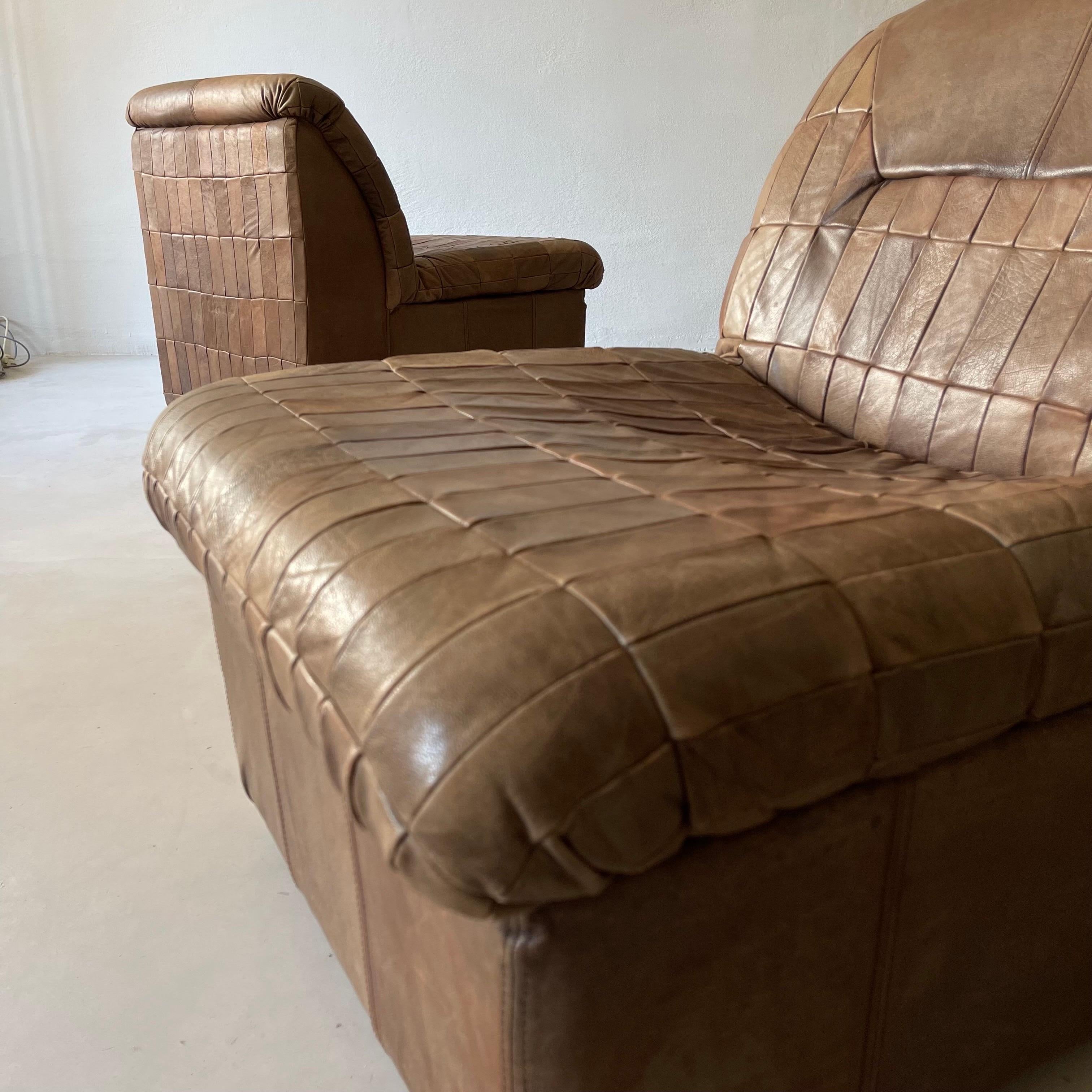 De Sede Style Patchwork Lounge Chairs Pair in Cognac Leather, 1970s 4