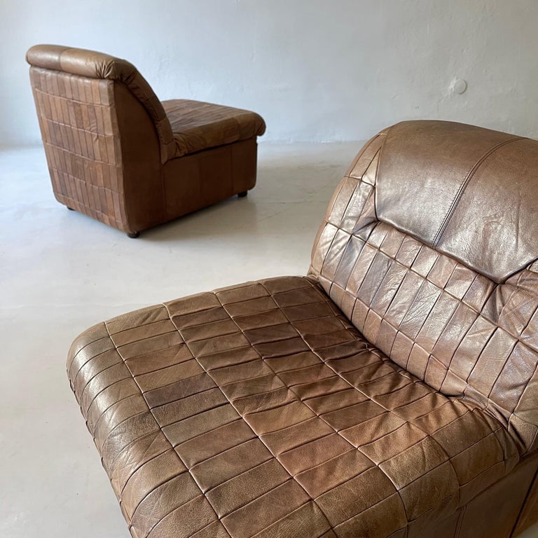 De Sede Style Patchwork Lounge Chairs Pair in Cognac Leather, 1970s For Sale 5