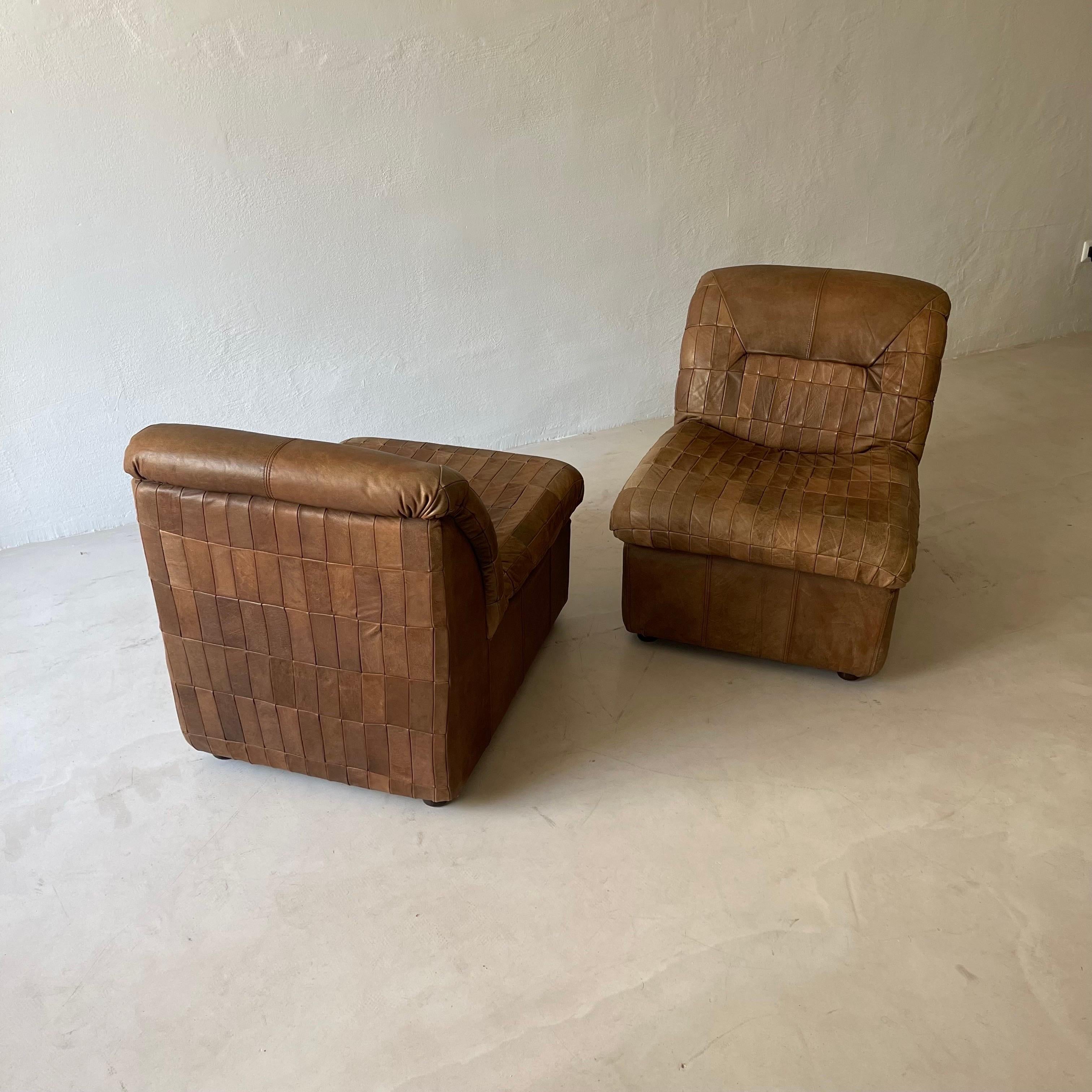 De Sede Style Patchwork Lounge Chairs Pair in Cognac Leather, 1970s 6