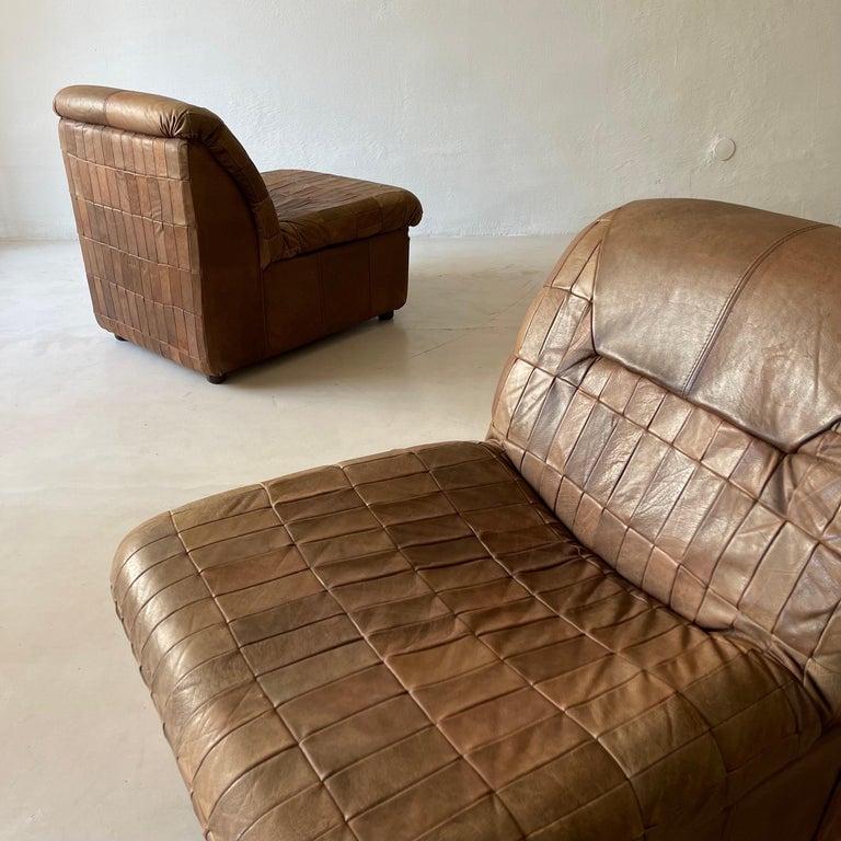 De Sede Style Patchwork Lounge Chairs Pair in Cognac Leather, 1970s For Sale 7