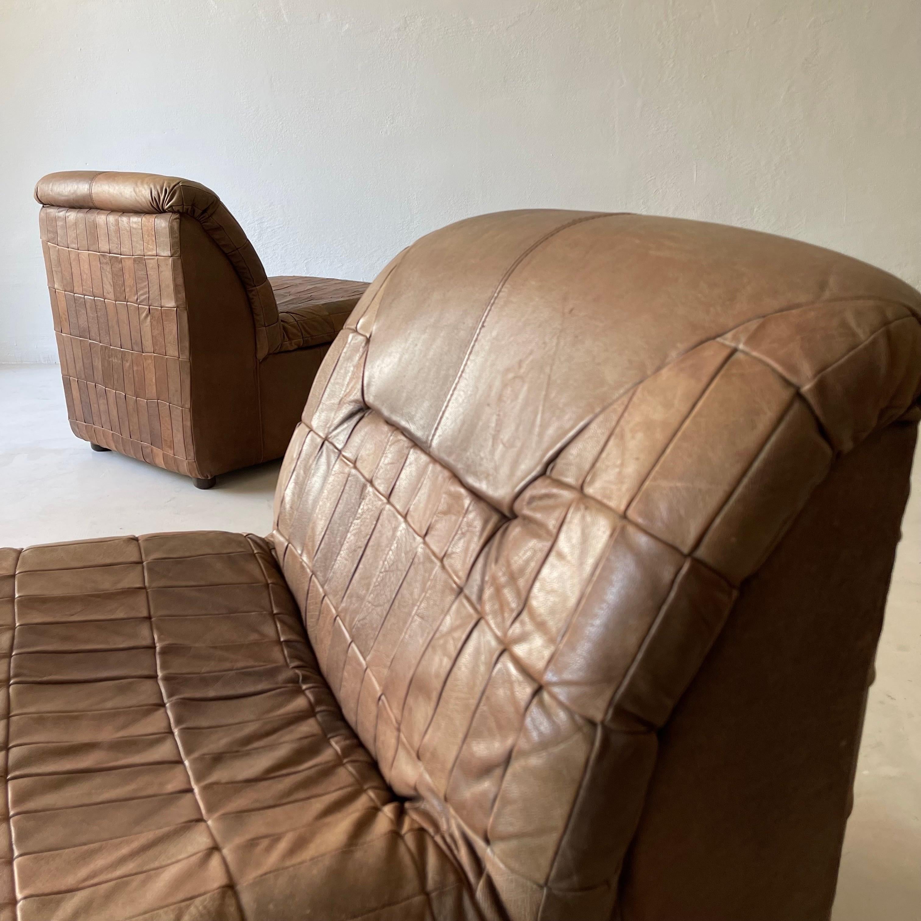 De Sede Style Patchwork Lounge Chairs Pair in Cognac Leather, 1970s 8