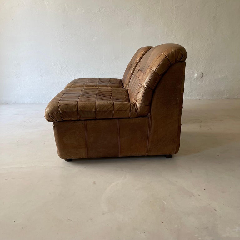 Mid-Century Modern De Sede Style Patchwork Lounge Chairs Pair in Cognac Leather, 1970s For Sale