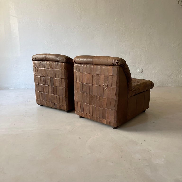 De Sede Style Patchwork Lounge Chairs Pair in Cognac Leather, 1970s In Good Condition For Sale In Vienna, AT